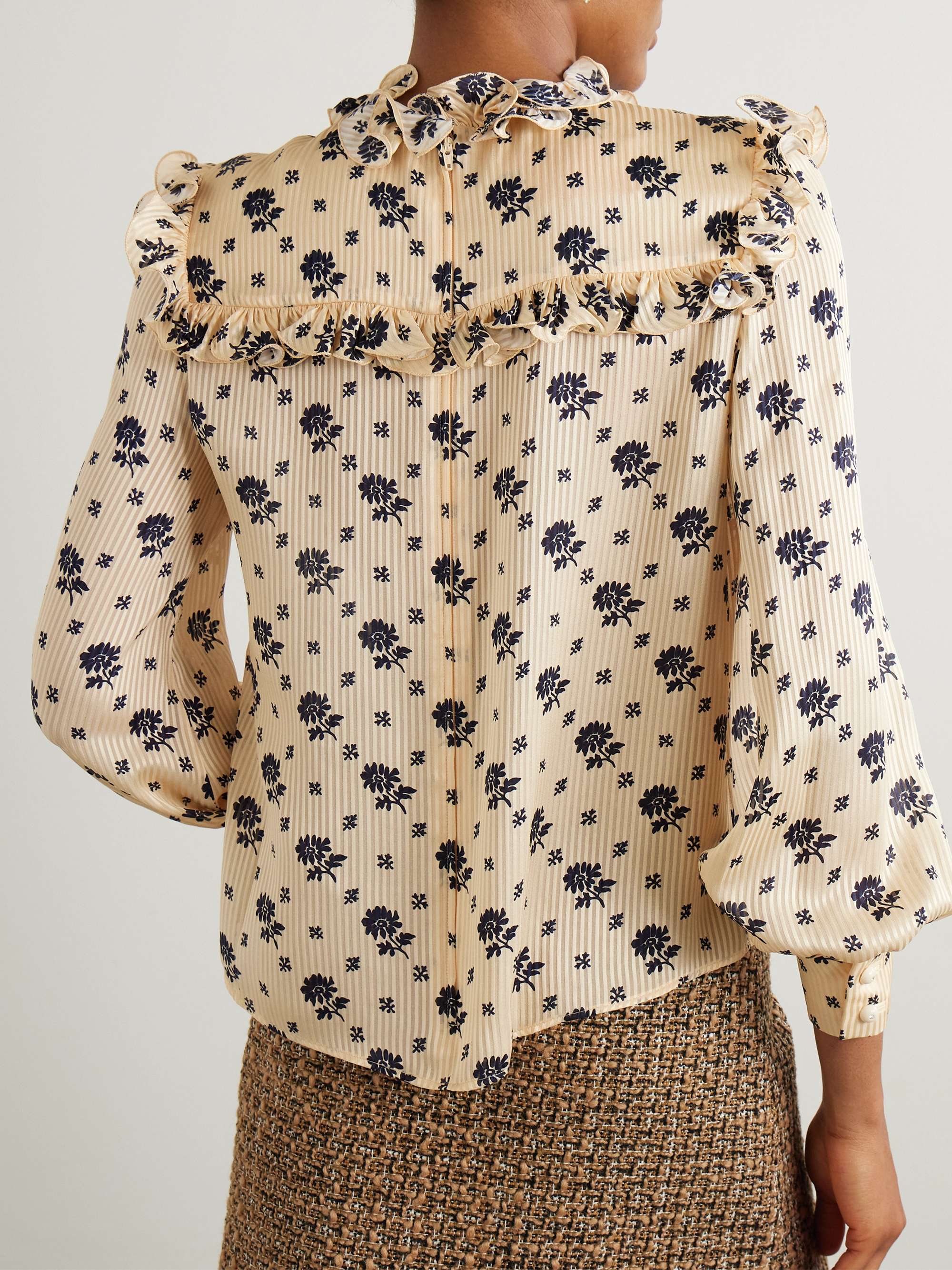 Ruffled printed striped silk-jacquard blouse view