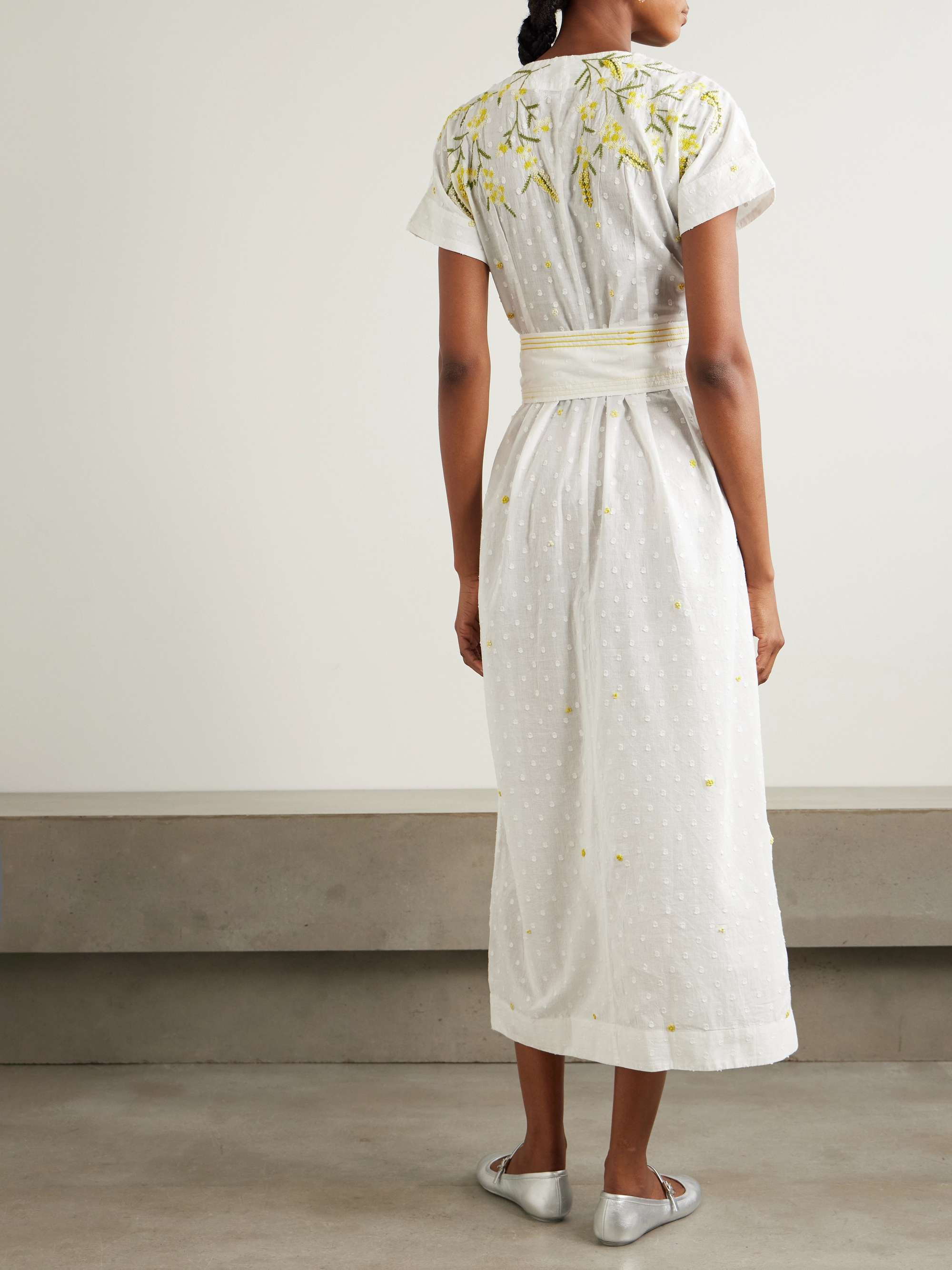 Bead-embellished belted point d'esprit cotton midi wrap dress view