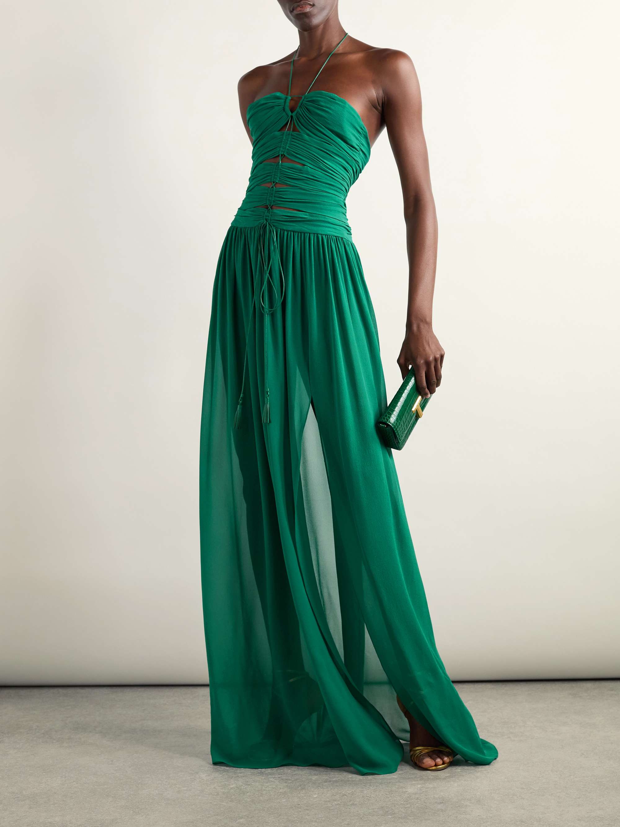 Tasseled cutout silk-georgette halterneck gown view