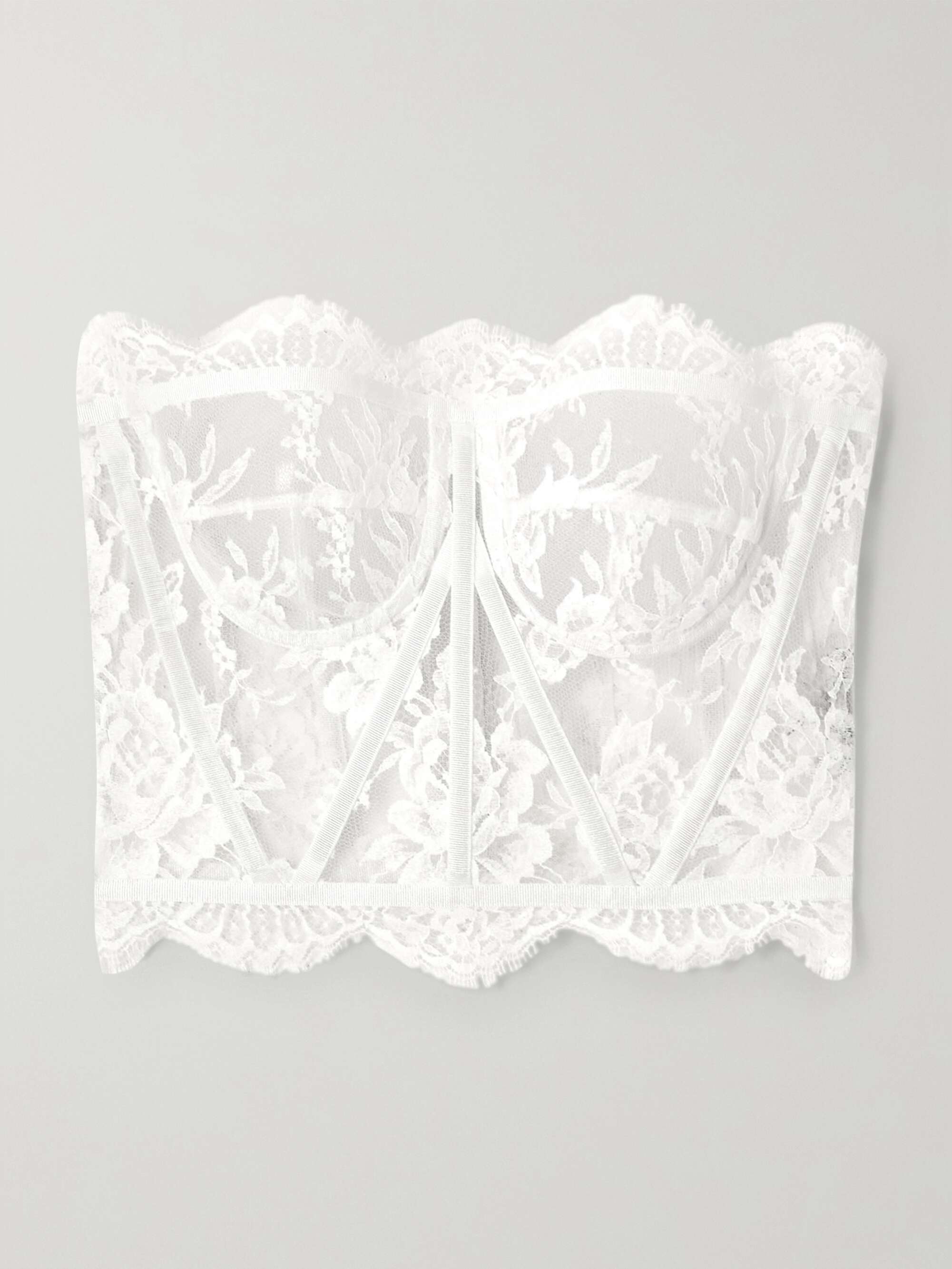 Grosgrain-trimmed lace bustier top view