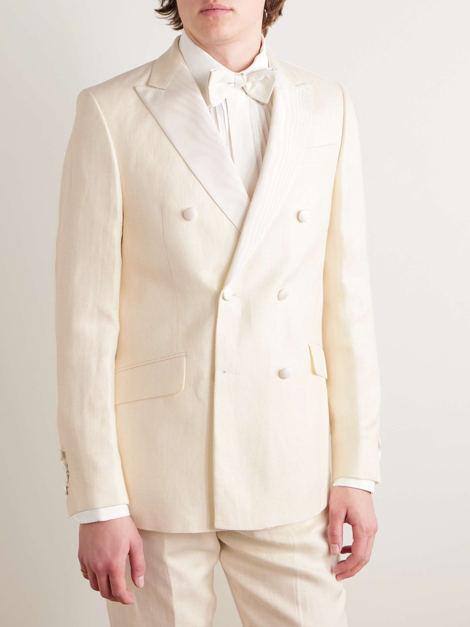 Double-Breasted Herringbone Linen and Silk-Blend Tuxedo Jacket view