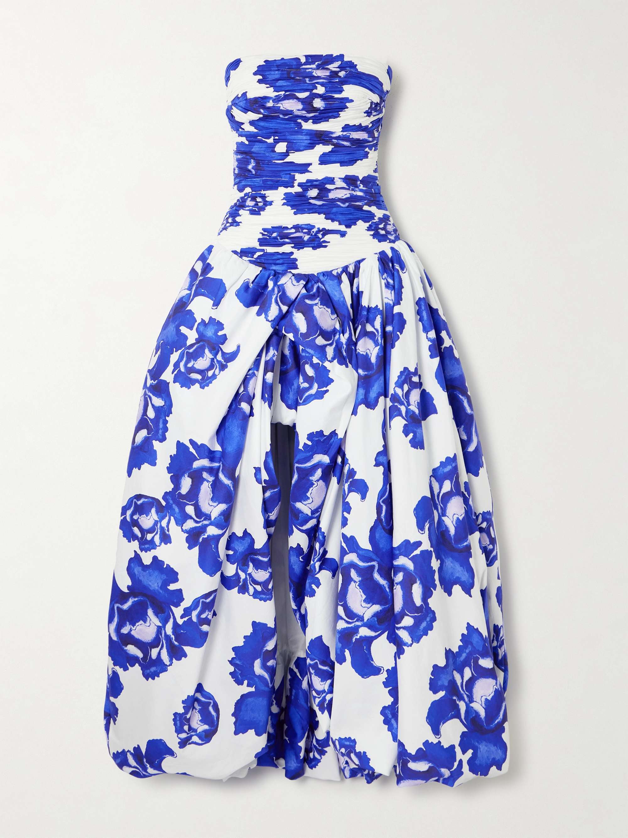 Behold strapless ruched floral-print cotton-poplin gown view