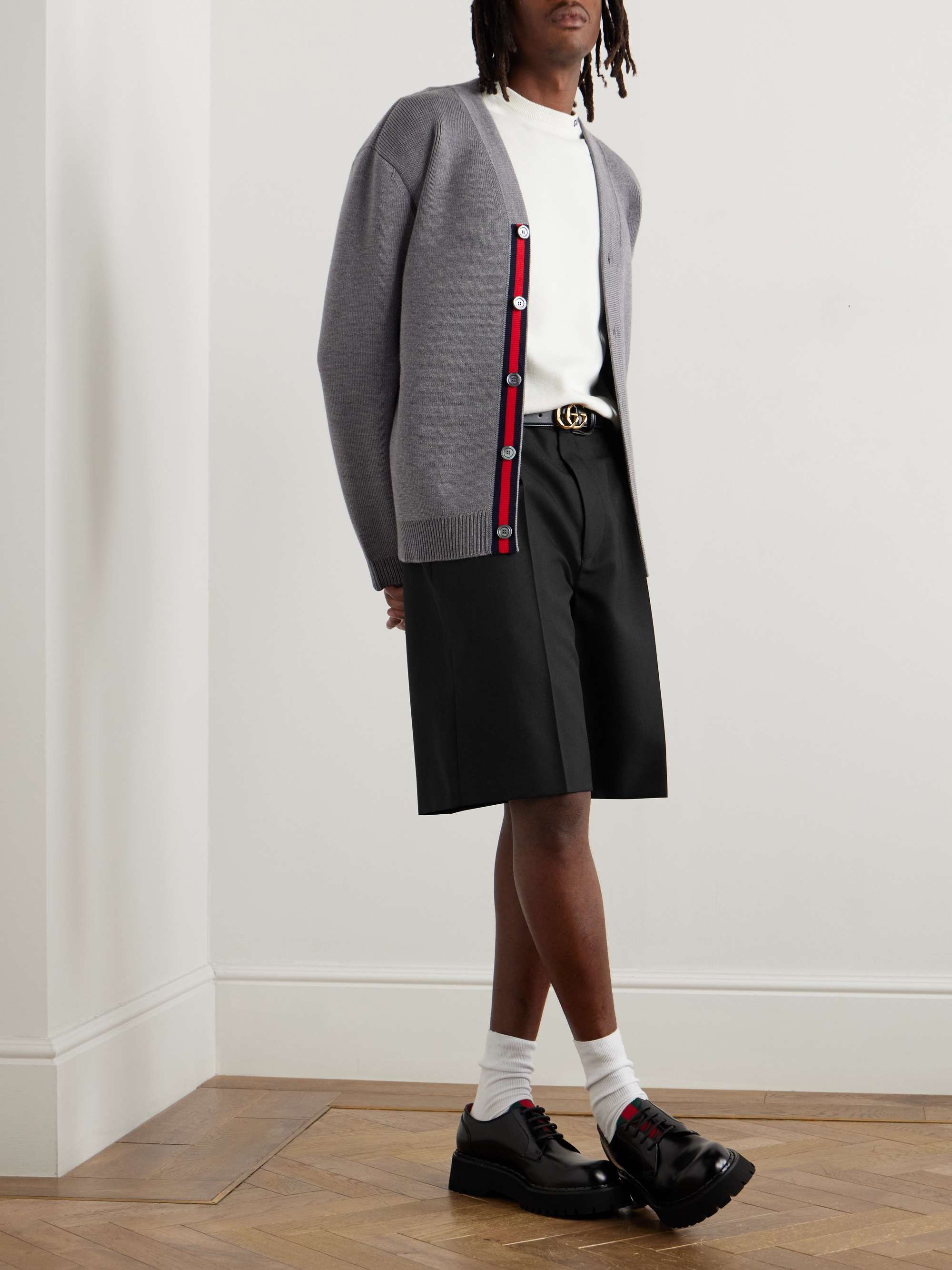 Straight-Leg Pleated Webbing-Trimmed Twill Shorts view