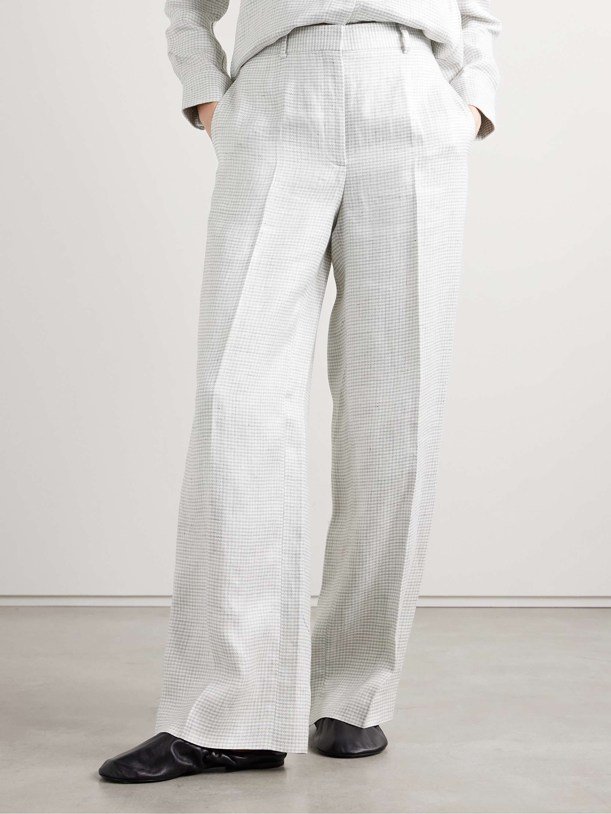 Houndstooth linen-blend wide-leg pants view
