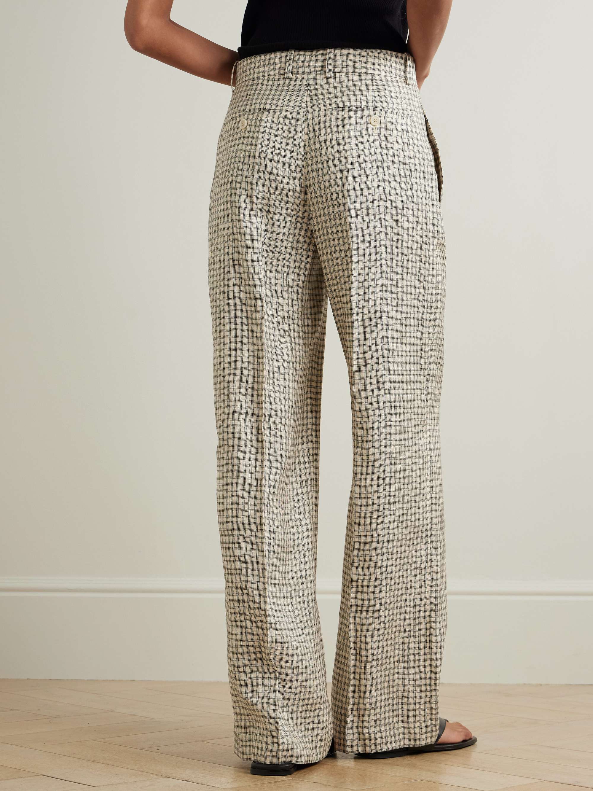 Checked linen-blend wide-leg pants view