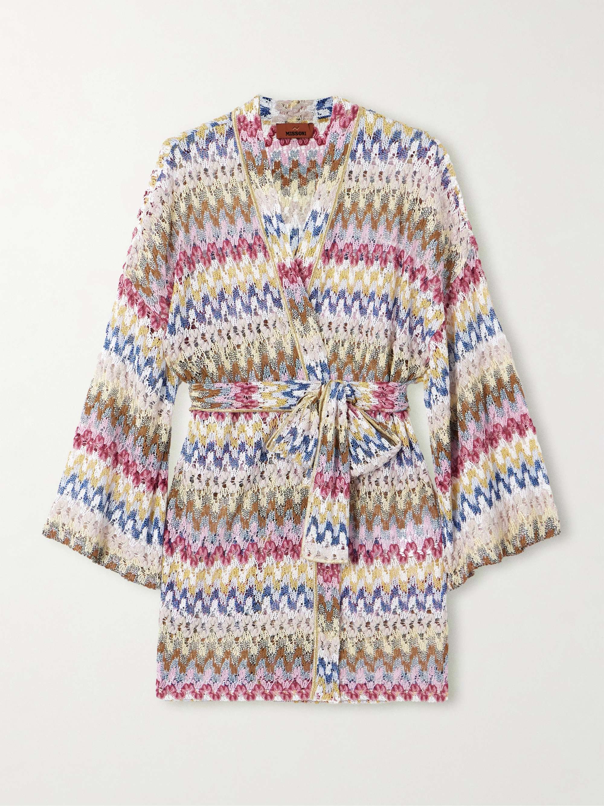 Belted metallic crochet-knit kaftan view