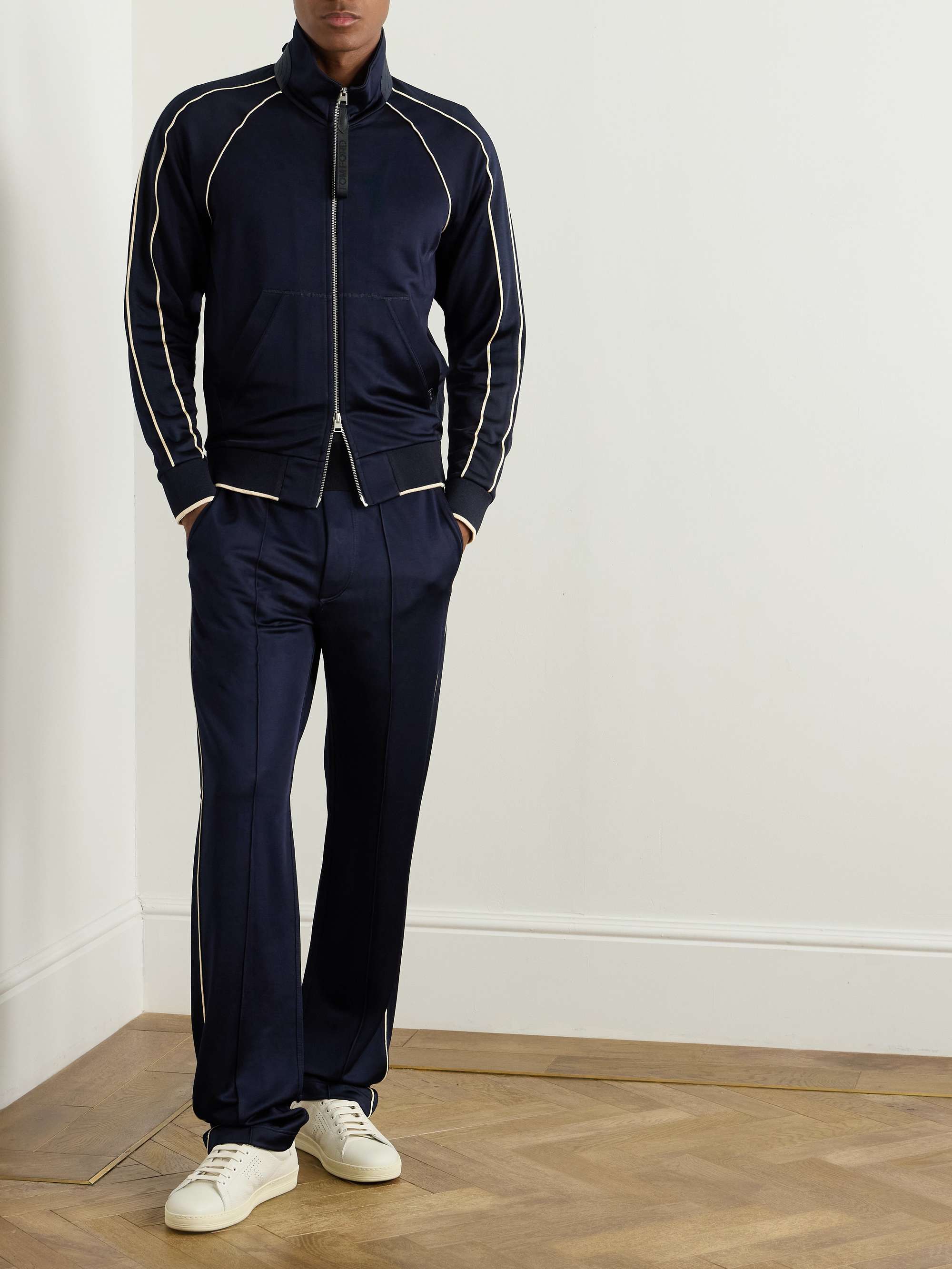 Slim-Fit Leather-Trimmed Tech-Jersey Track Jacket view