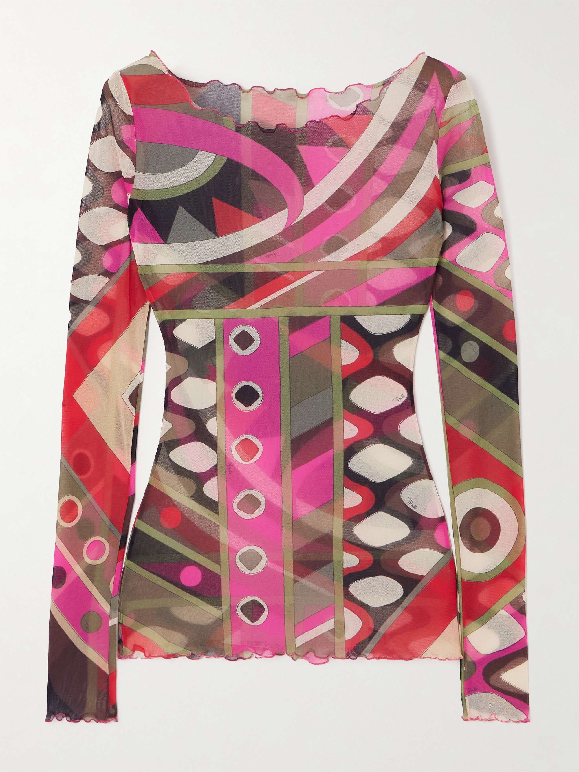 Ruffle-trimmed printed chiffon top view