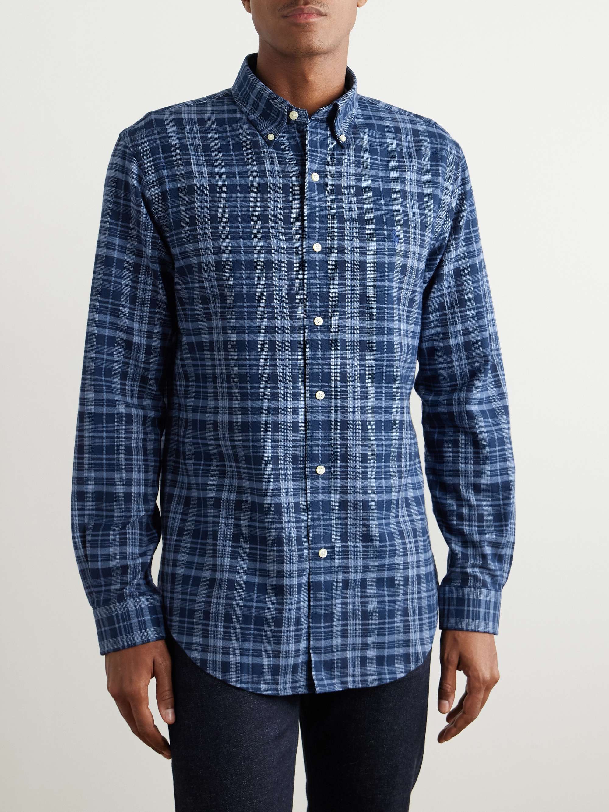 Button-Down Collar Logo-Embroidered Checked Cotton-Blend Flannel Shirt view