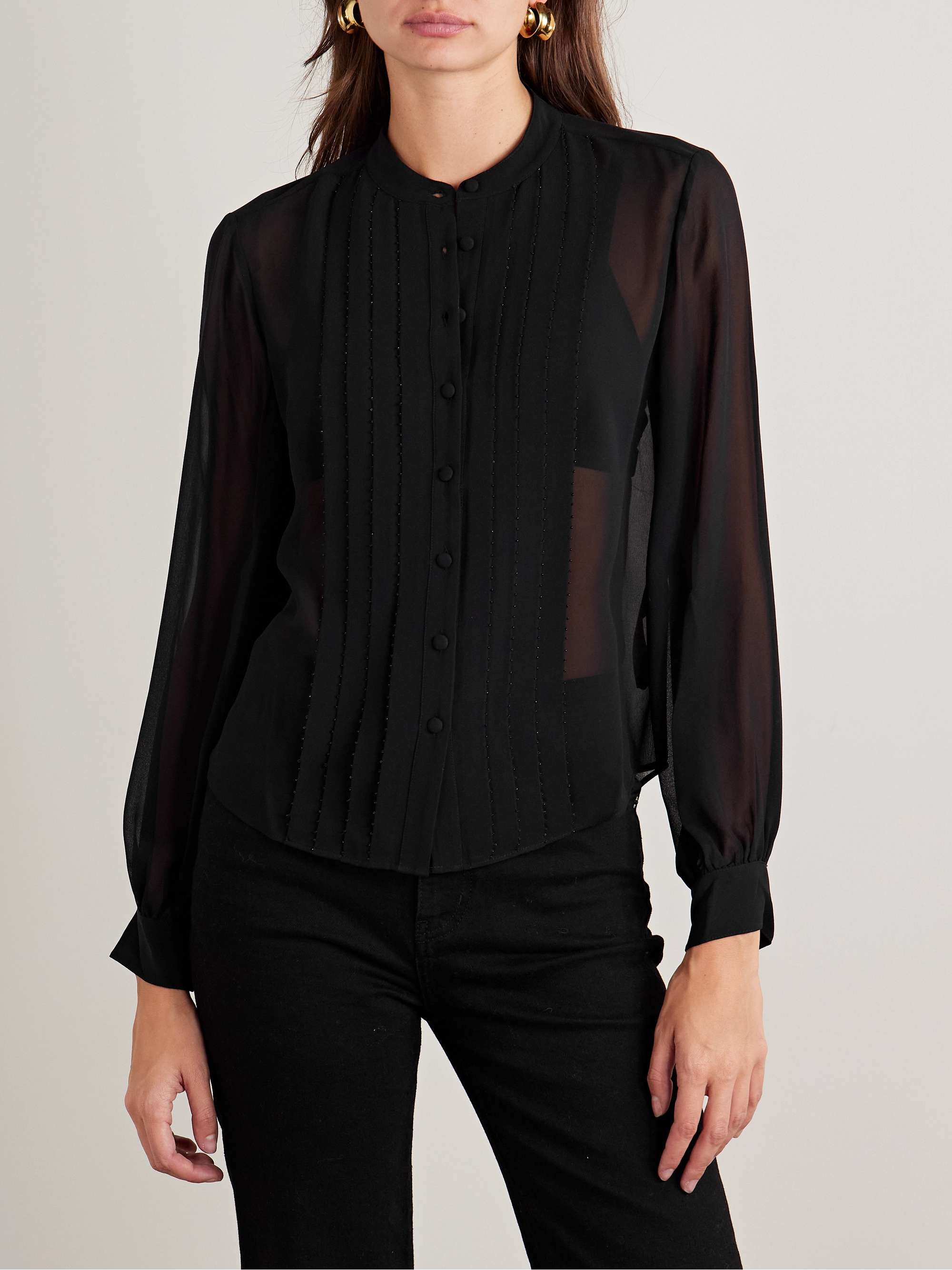 Bead-embellished pleated silk crepe de chine blouse view