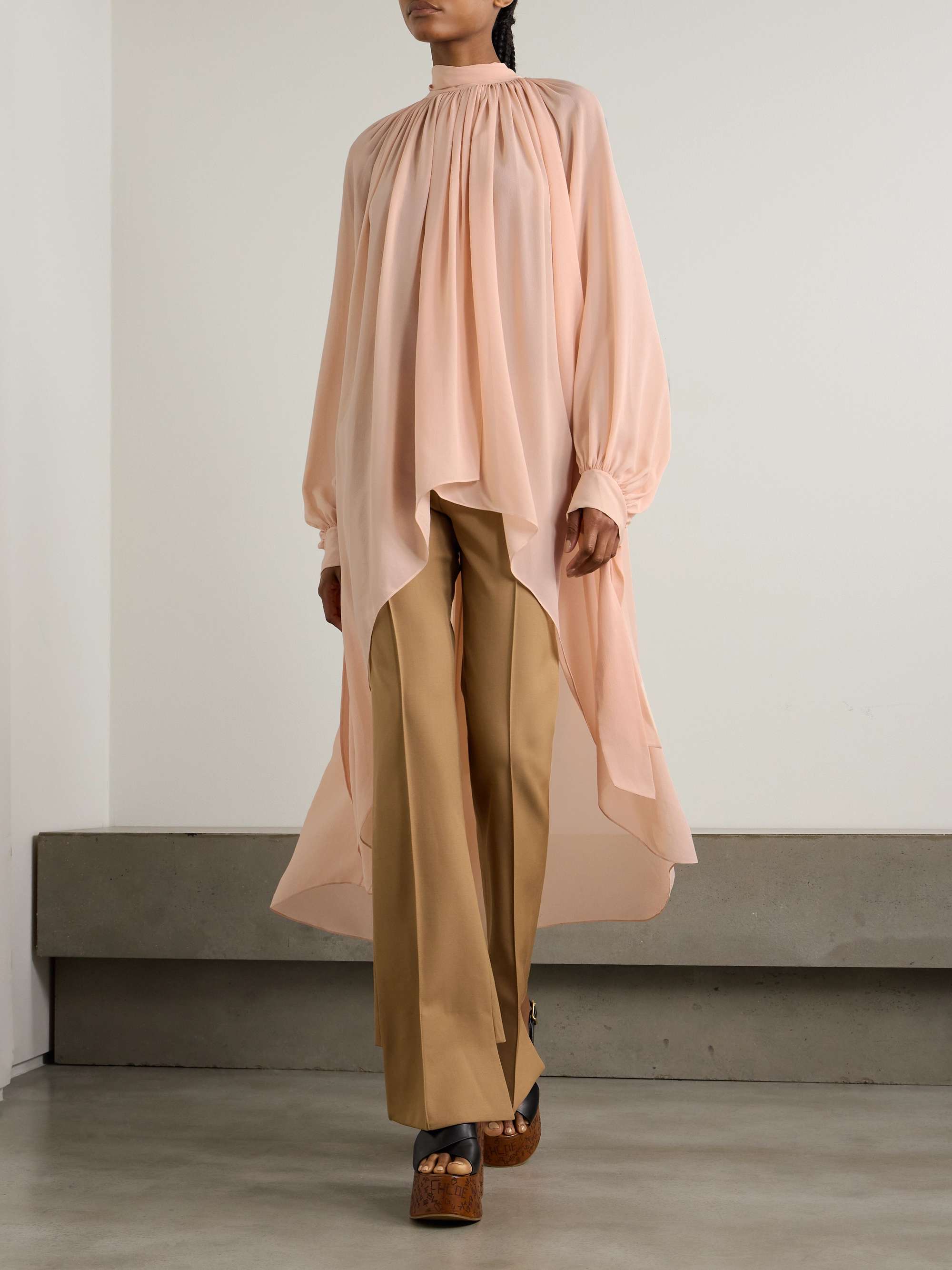 Wrap-effect asymmetric gathered silk-georgette turtleneck midi dress view