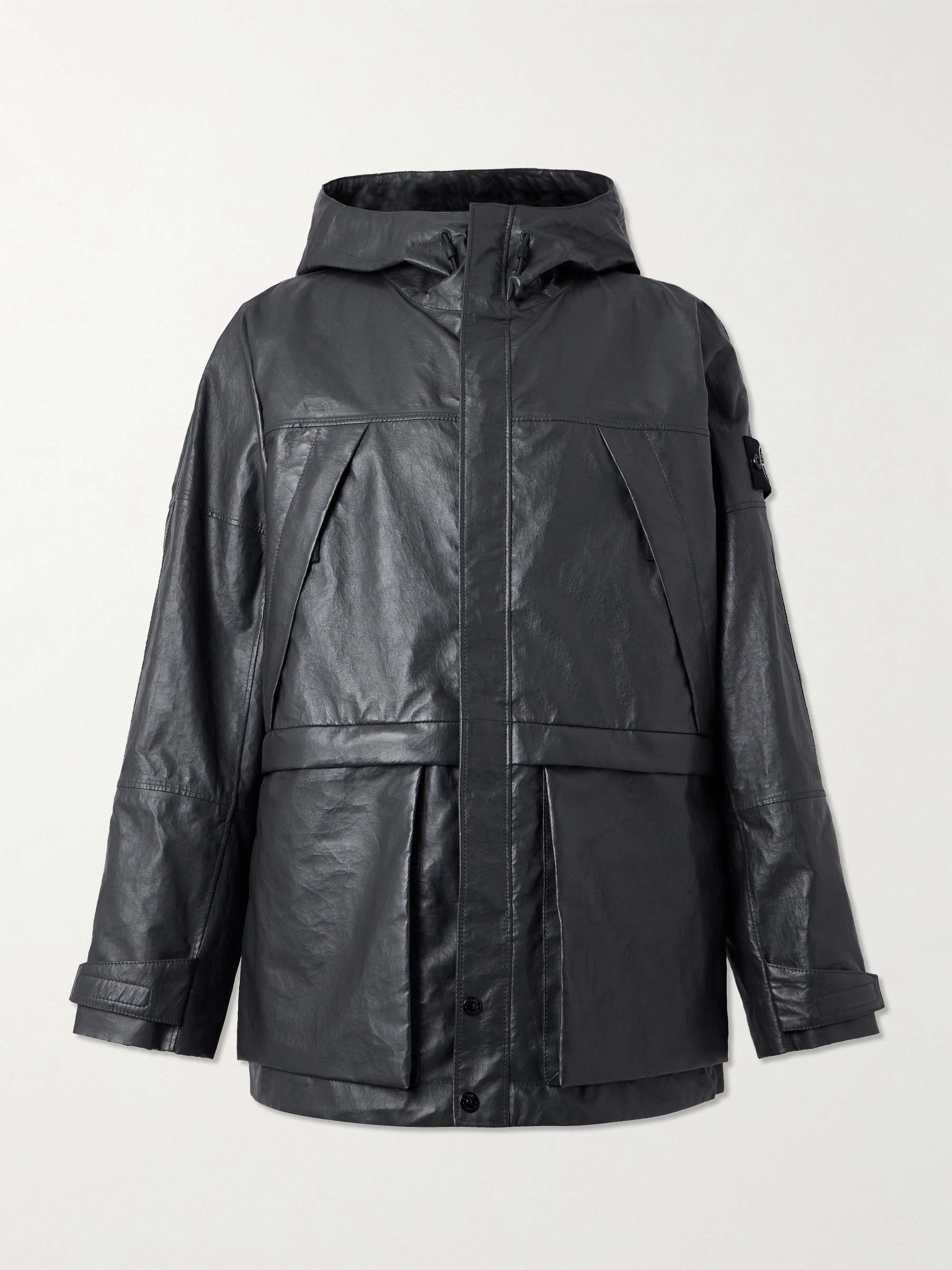 Logo-Appliquéd Paneled Light Leather Organza Hooded Jacket view