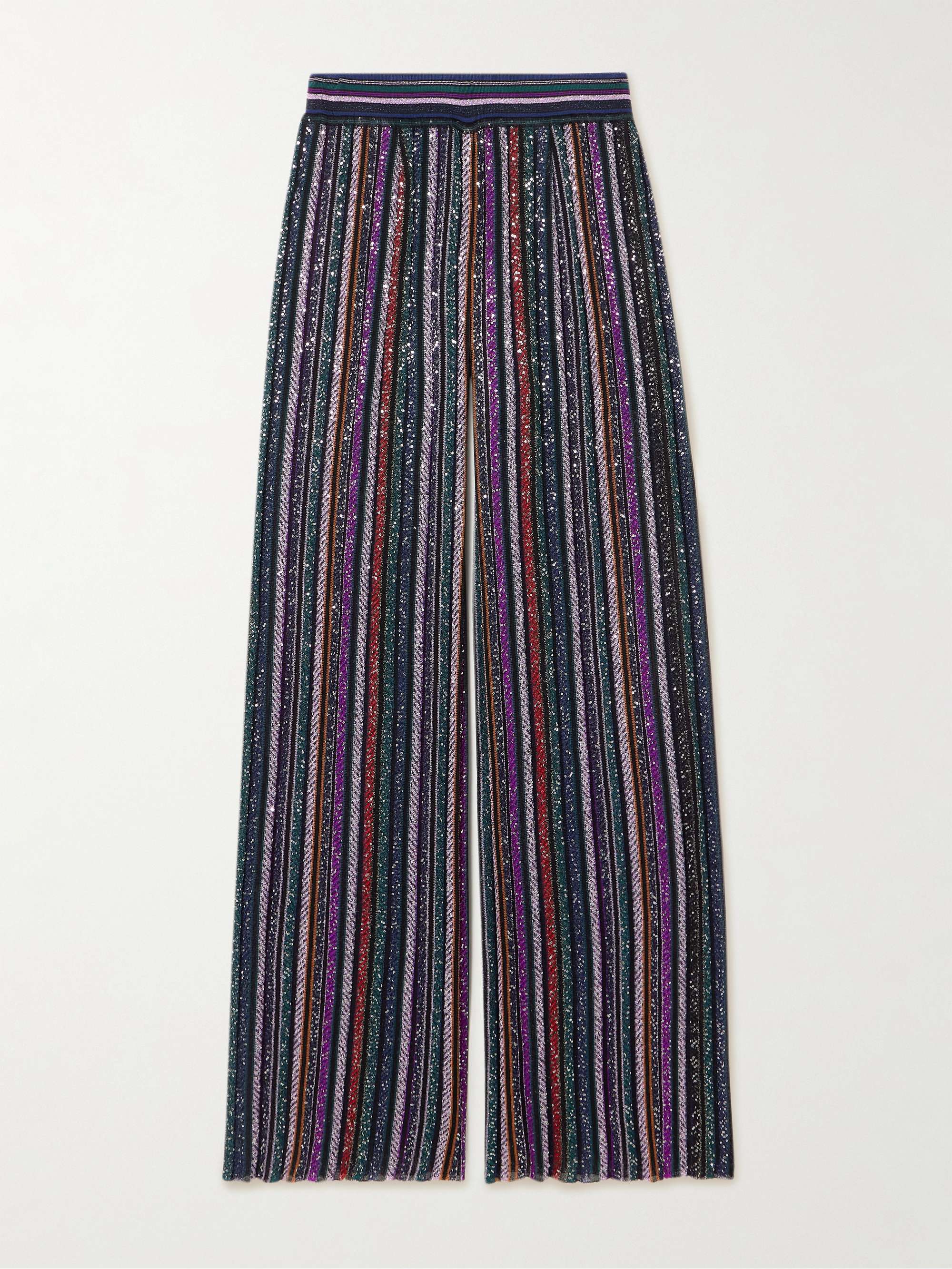 Sequined striped metallic crochet-knit wide-leg pants view