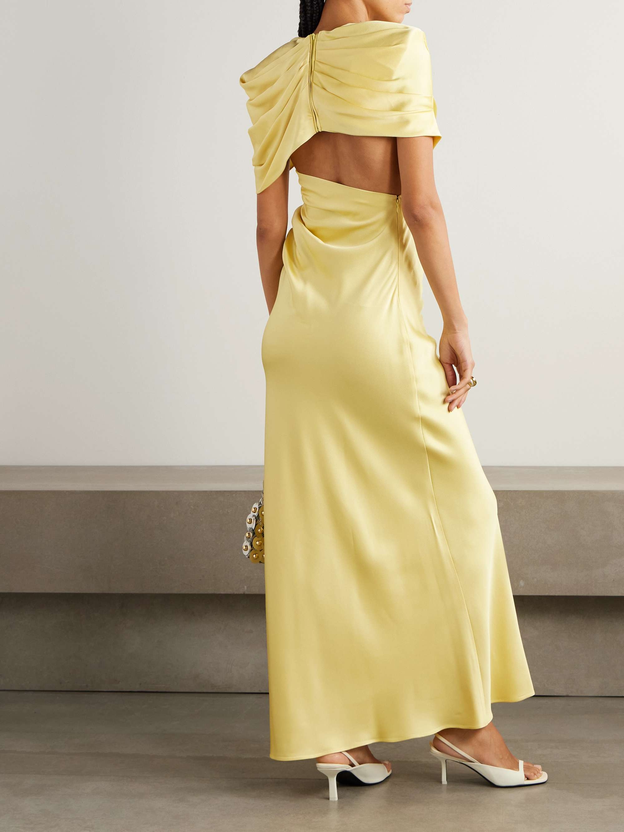 Open-back cape-effect draped satin gown view