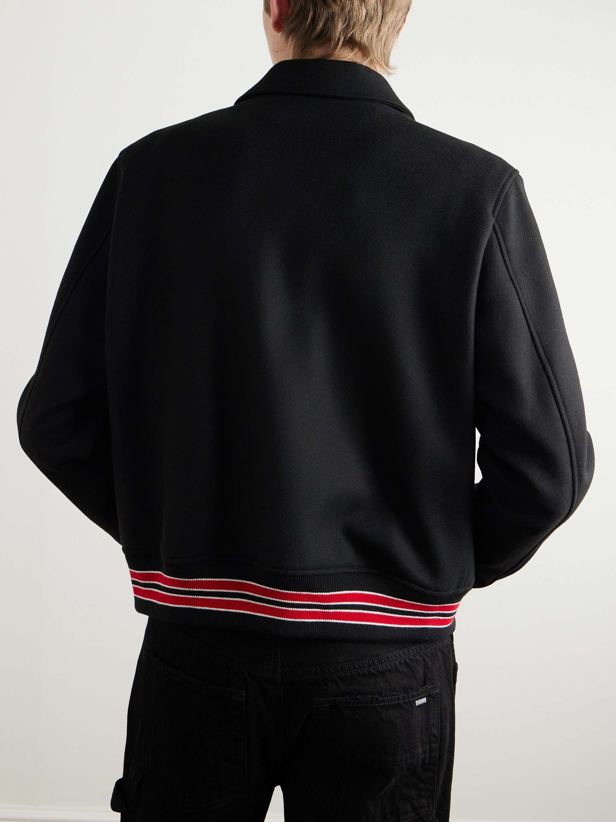 Bones Leather-Trimmed Appliquéd Logo-Embroidered Wool-Blend Twill Varsity Jacket view