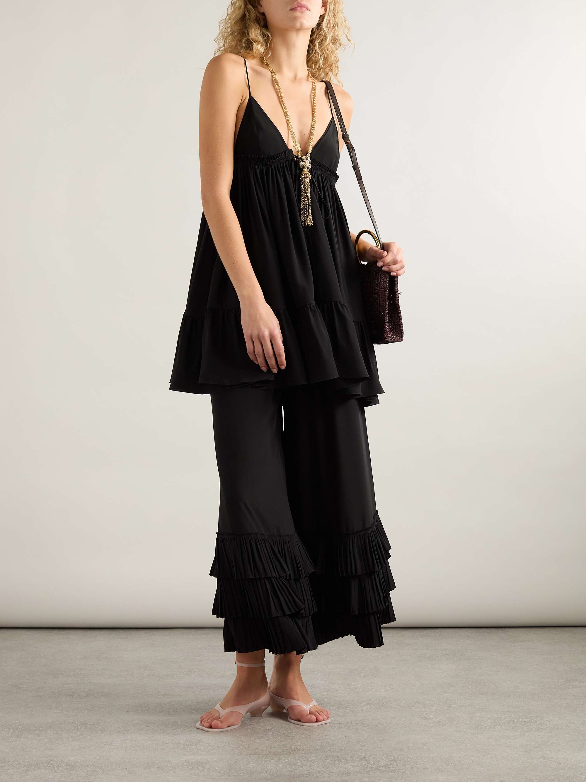 Ruffled silk crepe de chine wide-leg pants view