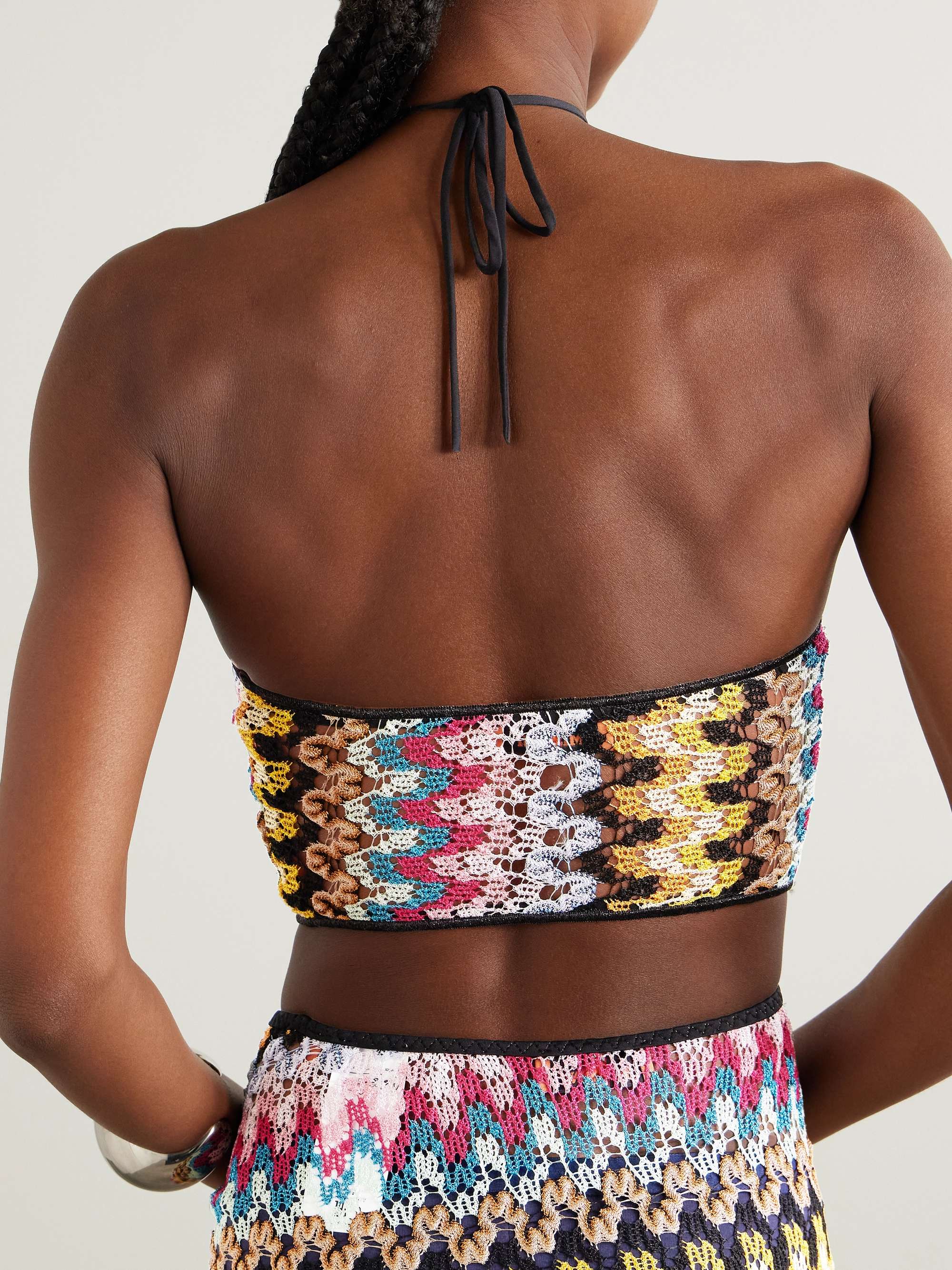 Cropped metallic crochet-knit halterneck top view
