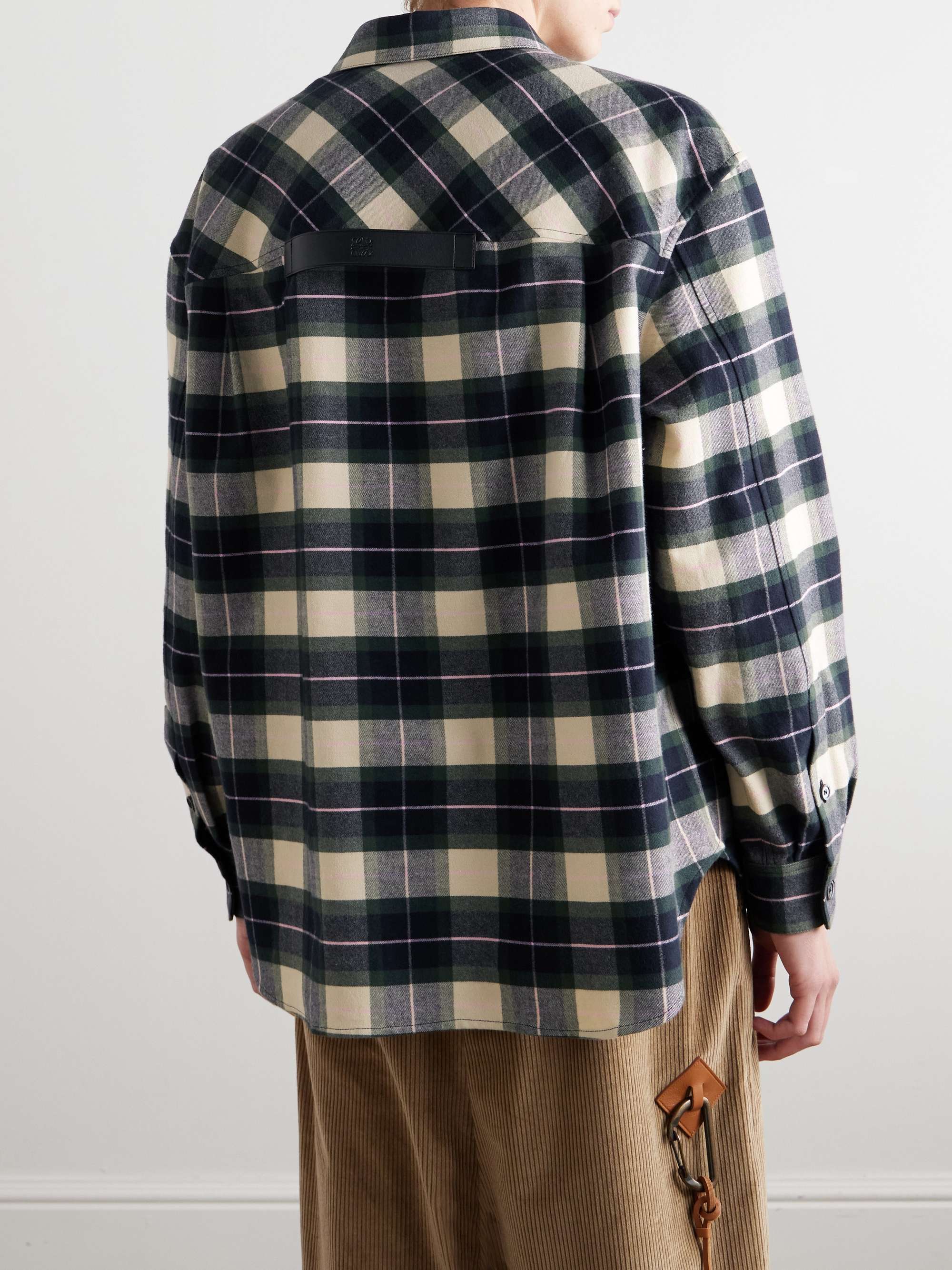 Leather-Trimmed Checked Cotton-Poplin Overshirt view