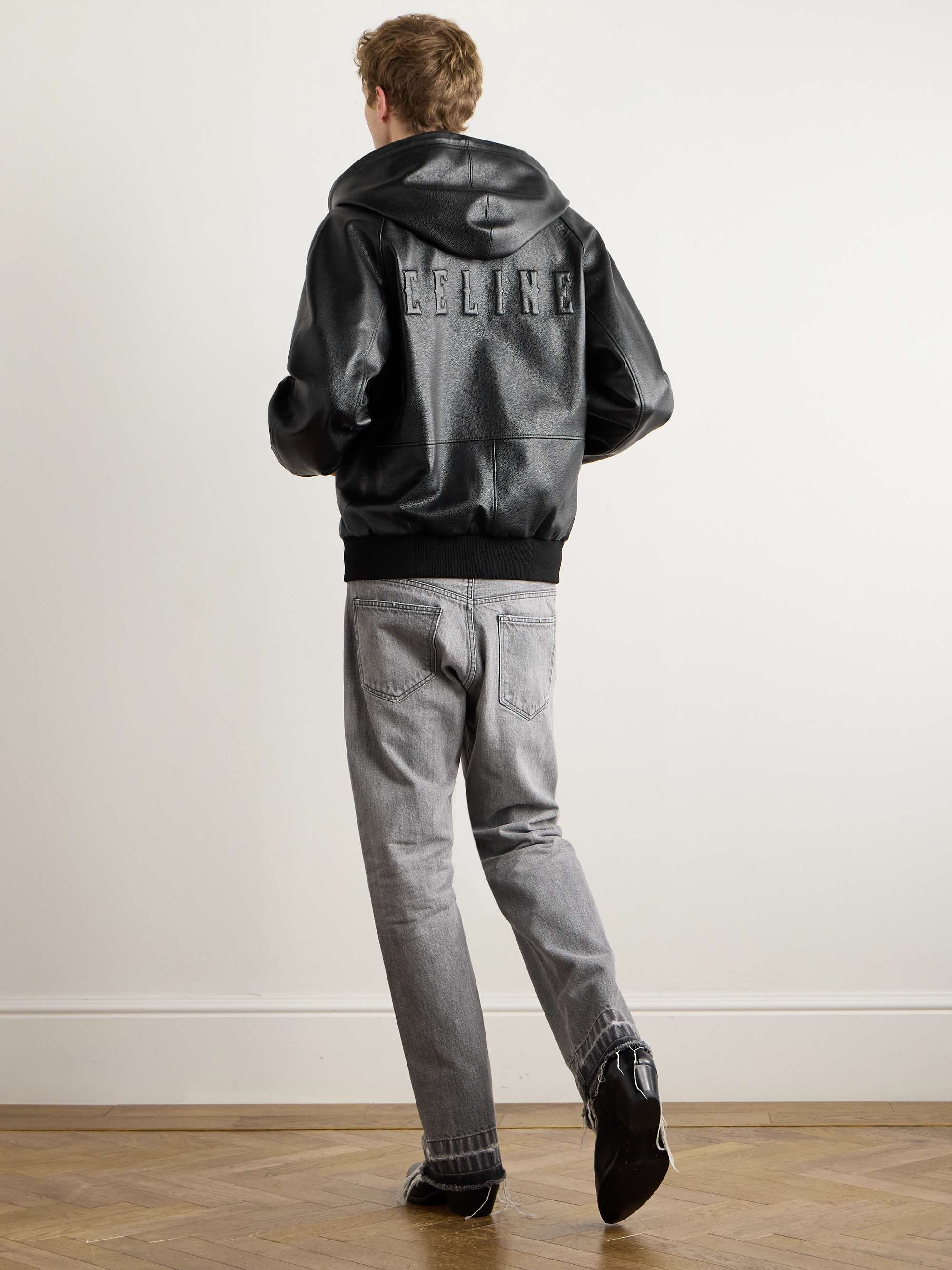 Logo-Embossed Full-Grain Leather Hooded Bomber Jacket view