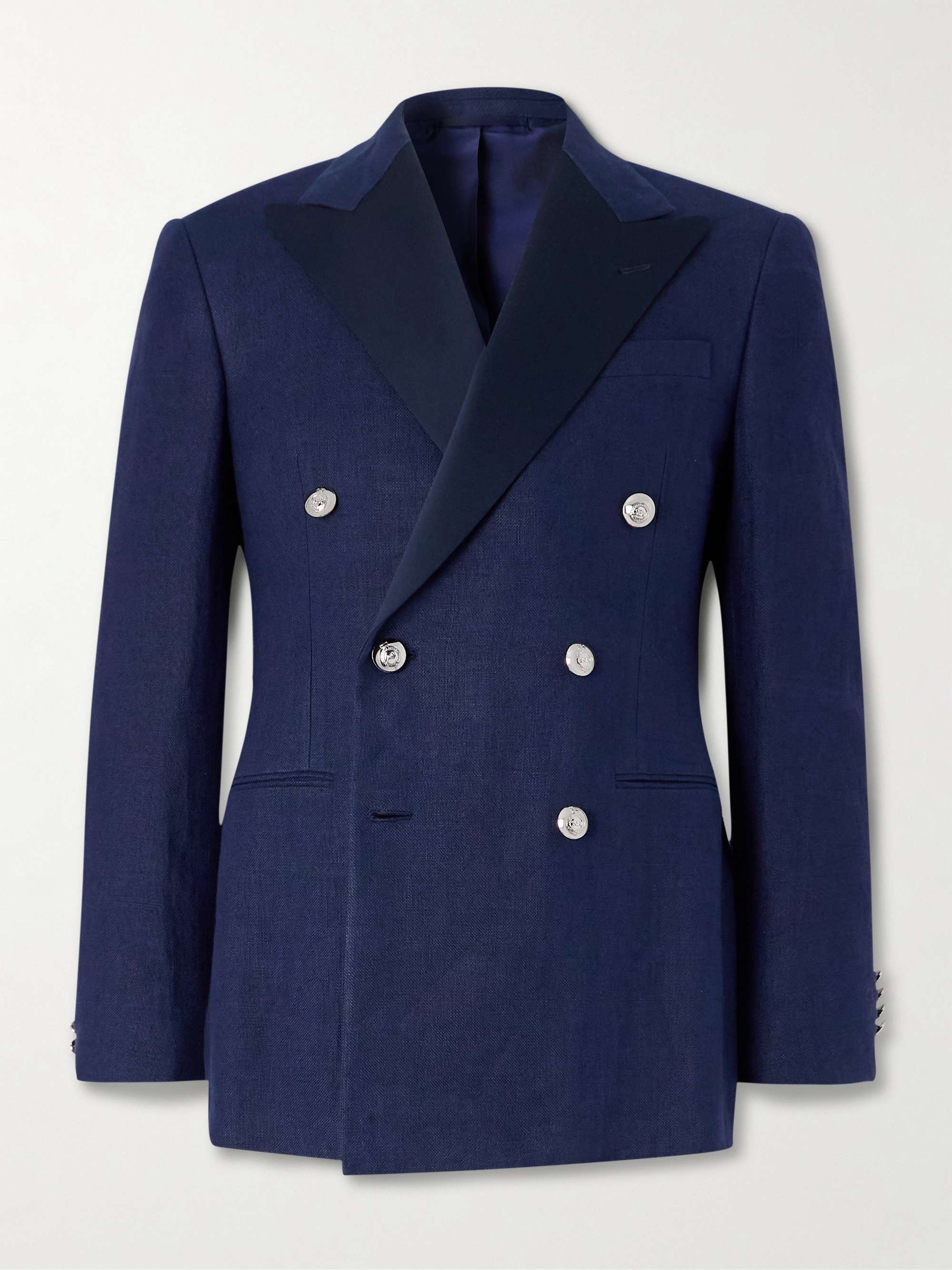 Double-Breasted Satin-Trimmed Linen-Canvas Blazer view