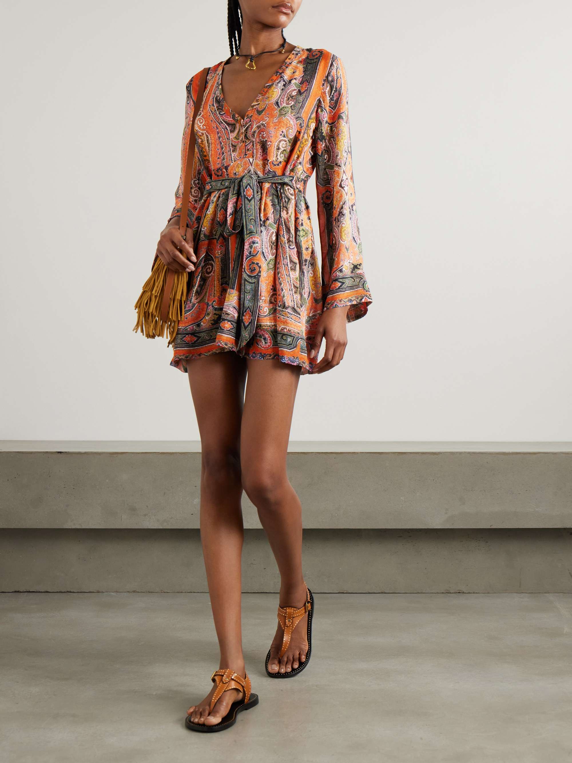 Morgane belted eyelet-embellished paisley-print silk-chiffon mini dress view