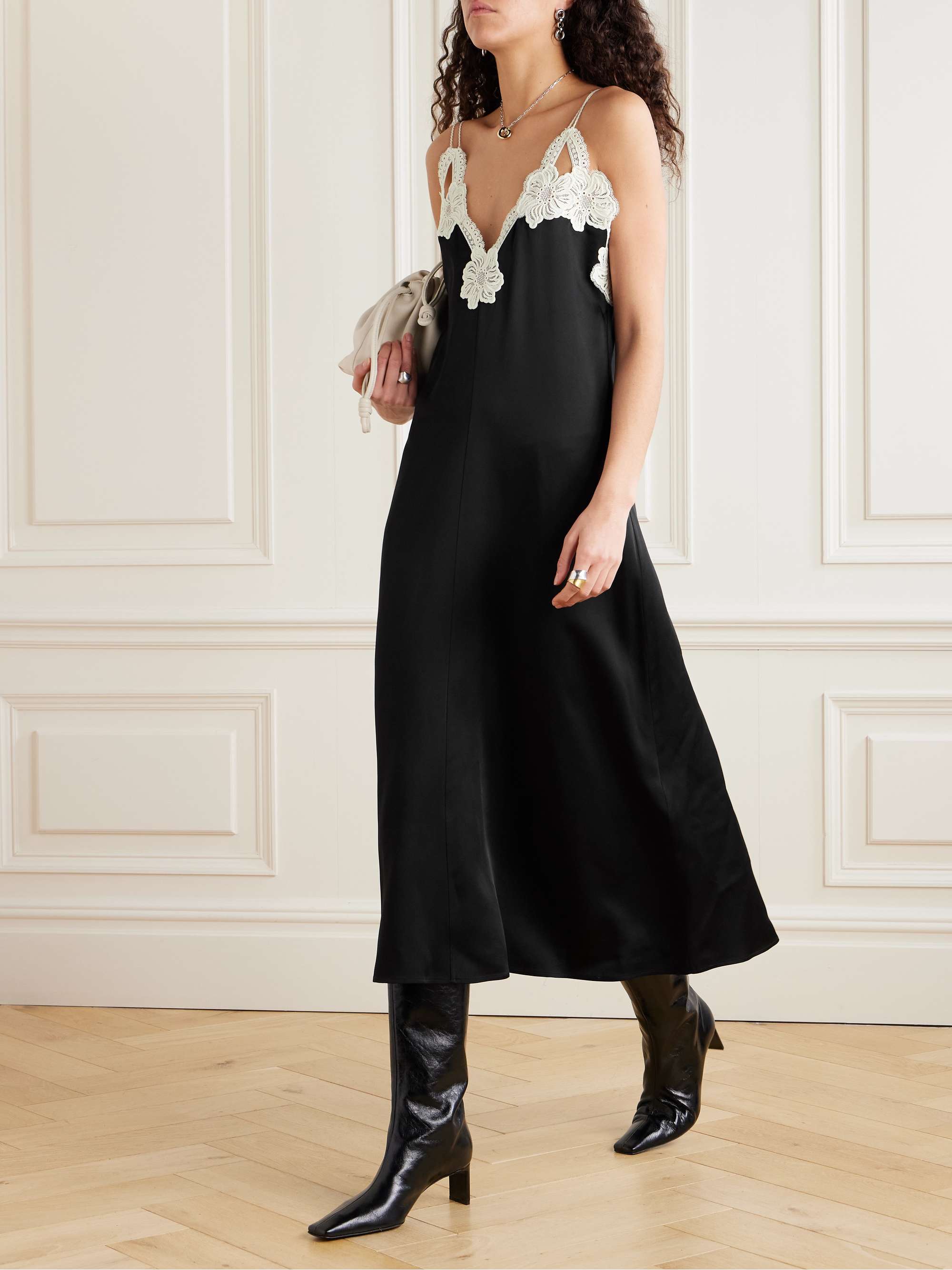 Guipure lace-trimmed satin midi dress view