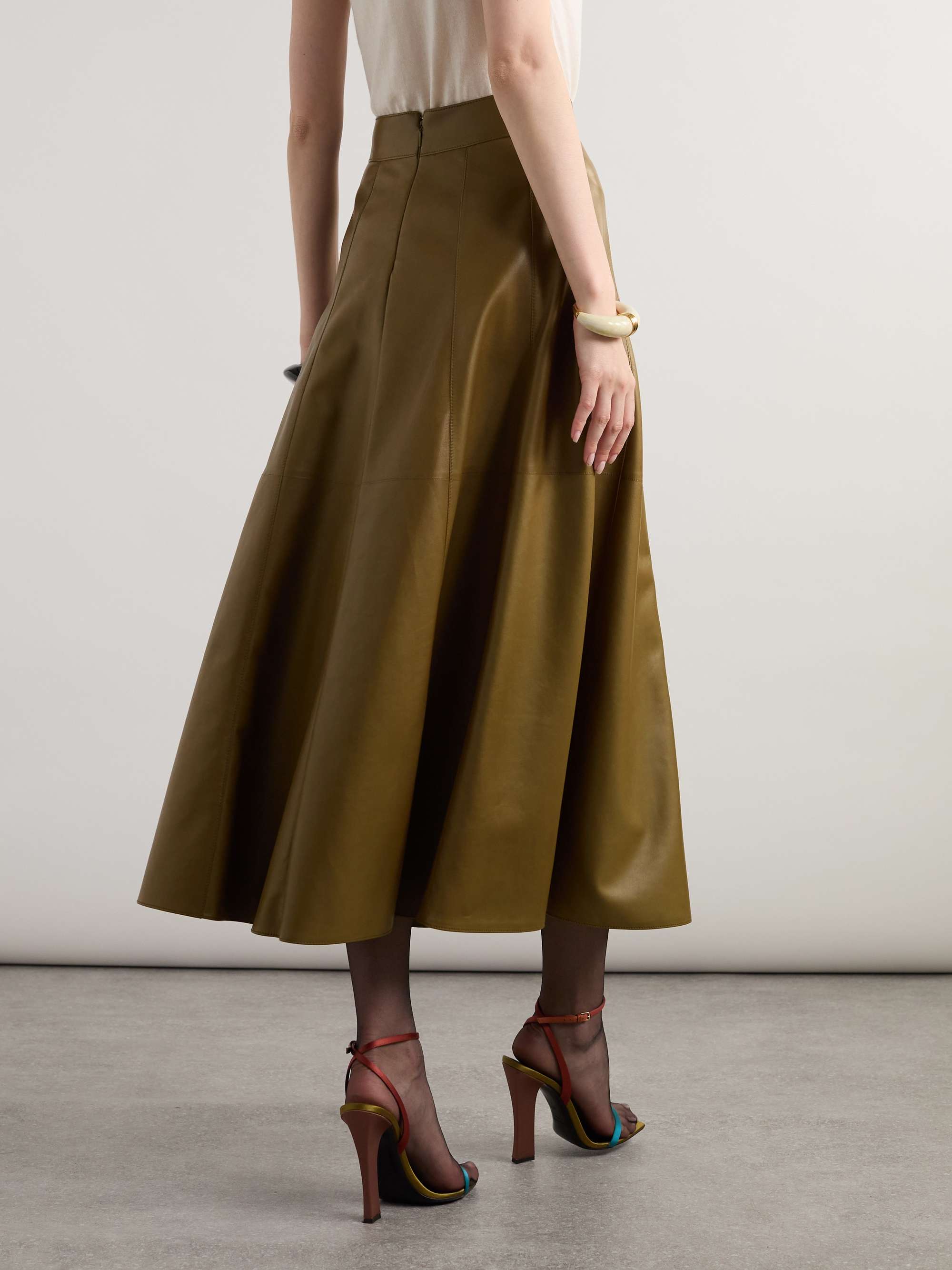 Paneled pleated leather midi skirt view