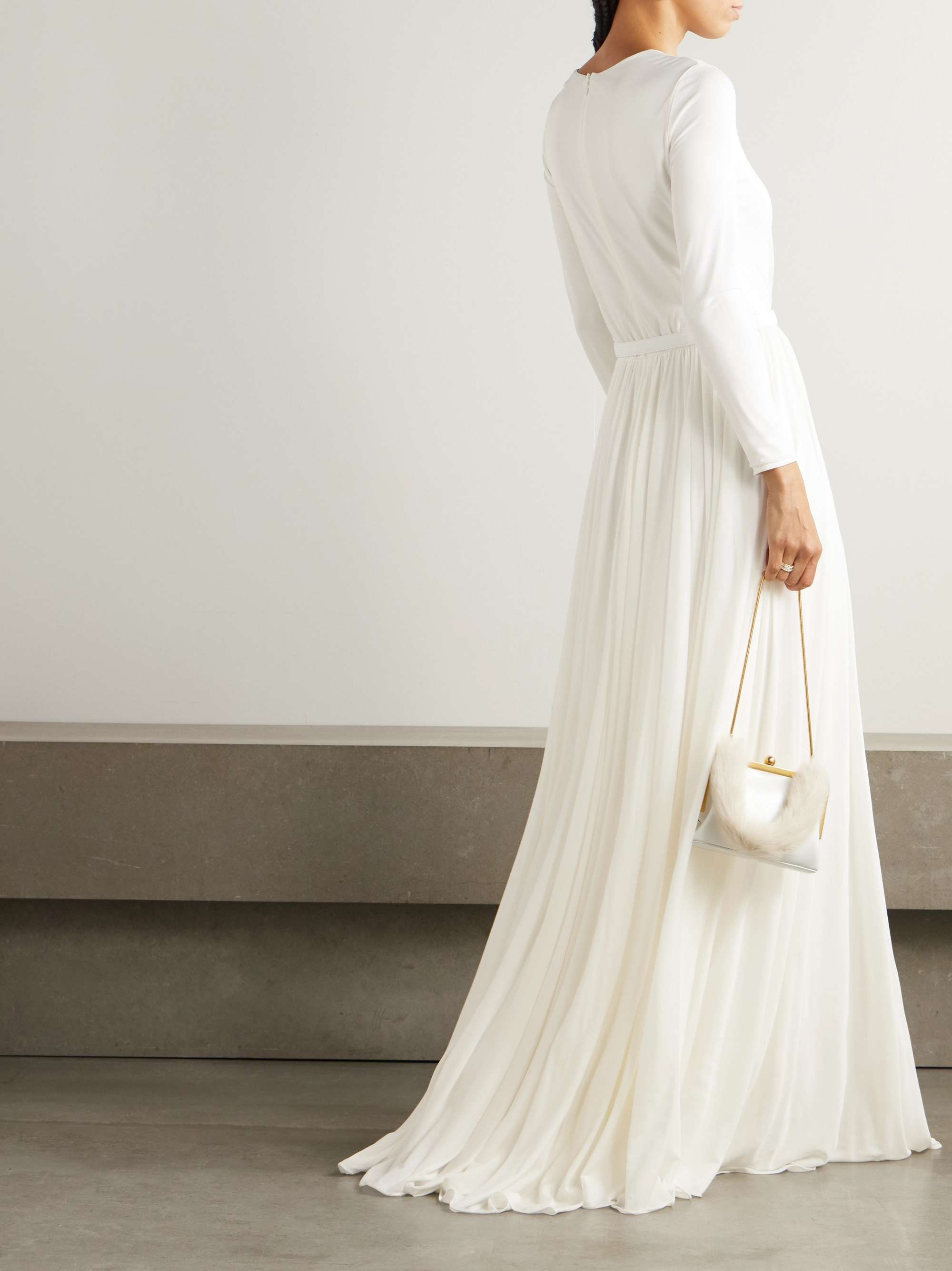 Belted leather-trimmed pleated crepe-jersey maxi dress view
