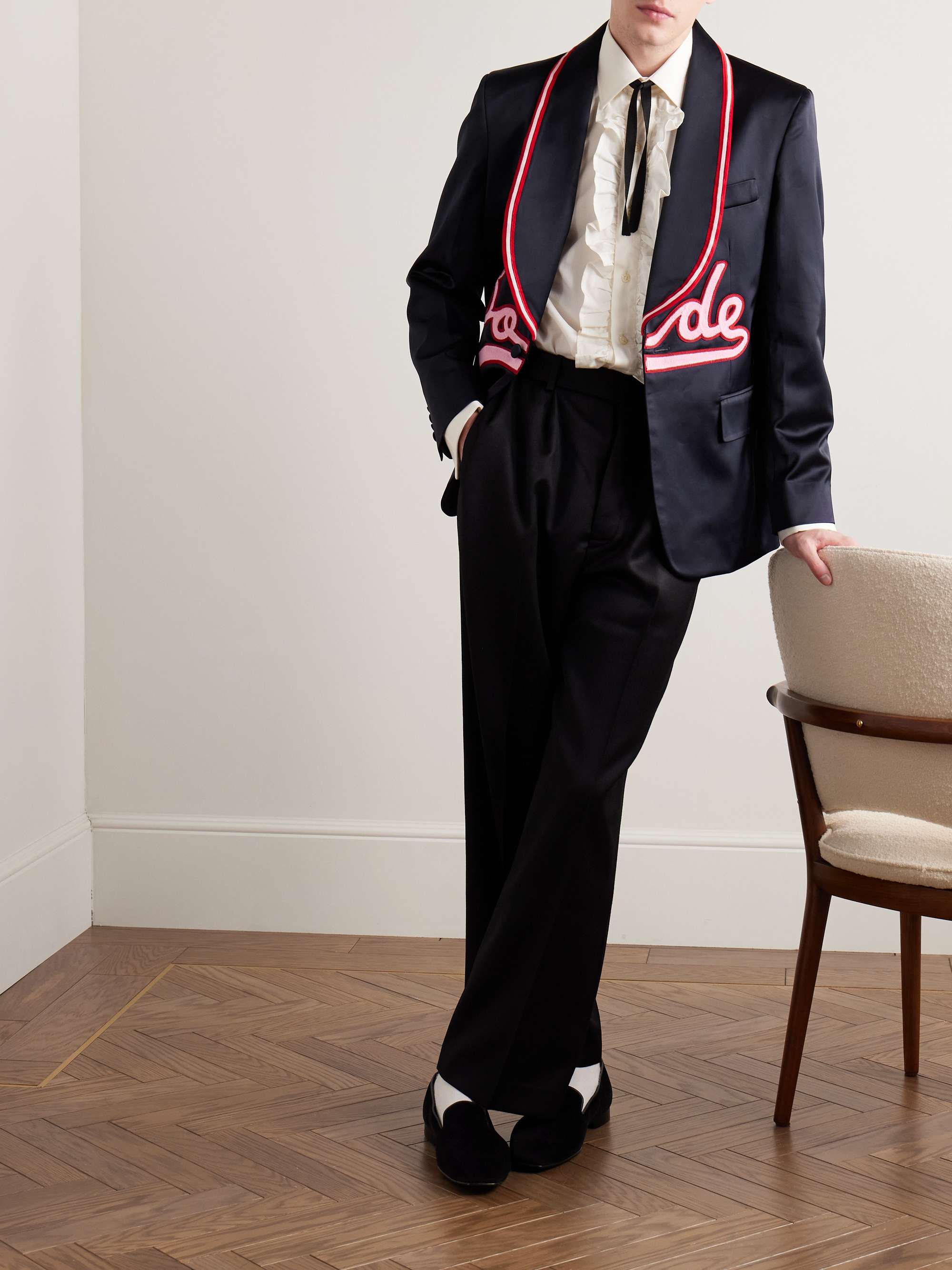 Embroidered Logo-Appliquéd Satin Blazer view
