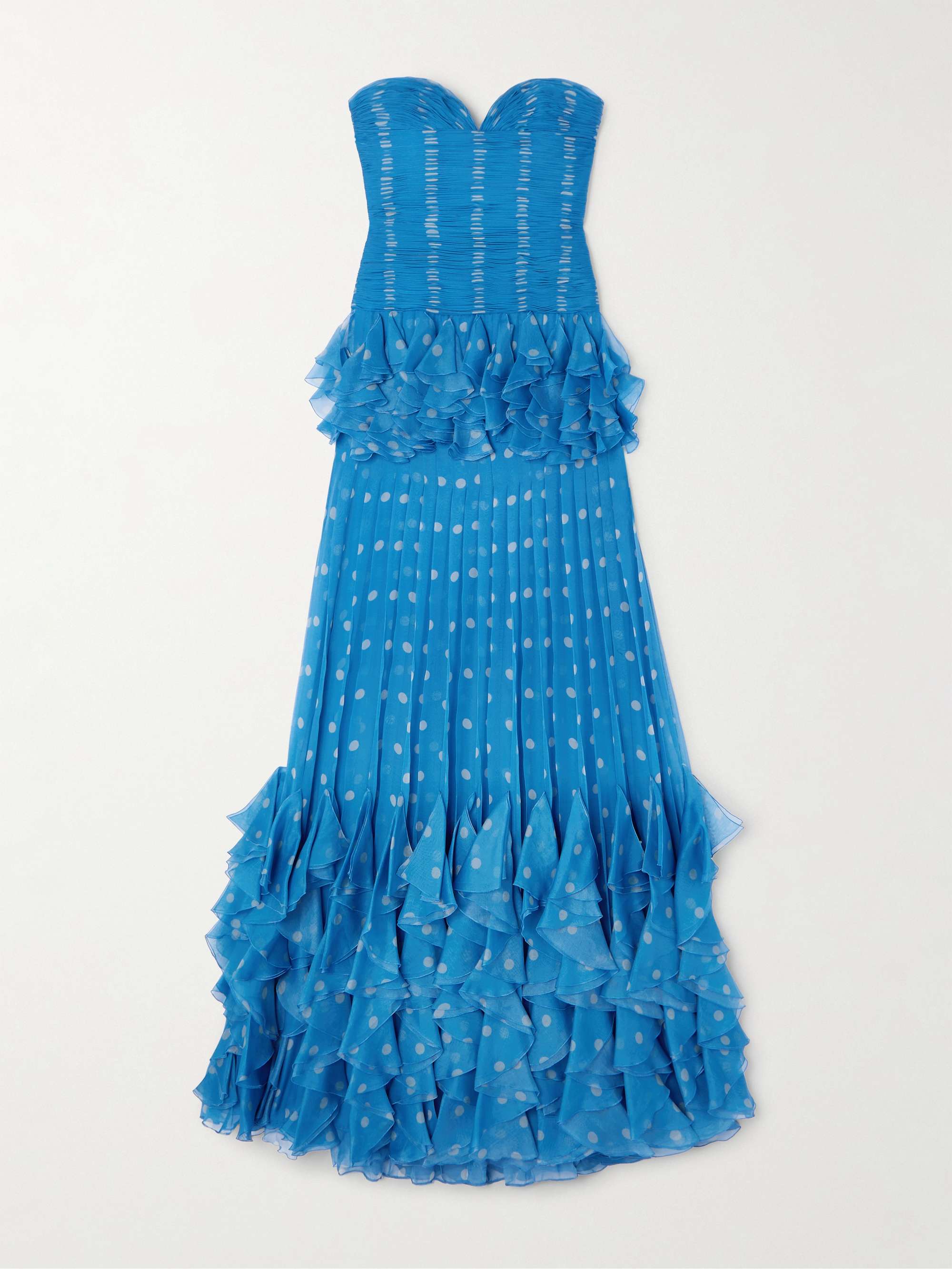 Strapless pleated ruffled polka-dot silk-chiffon gown view