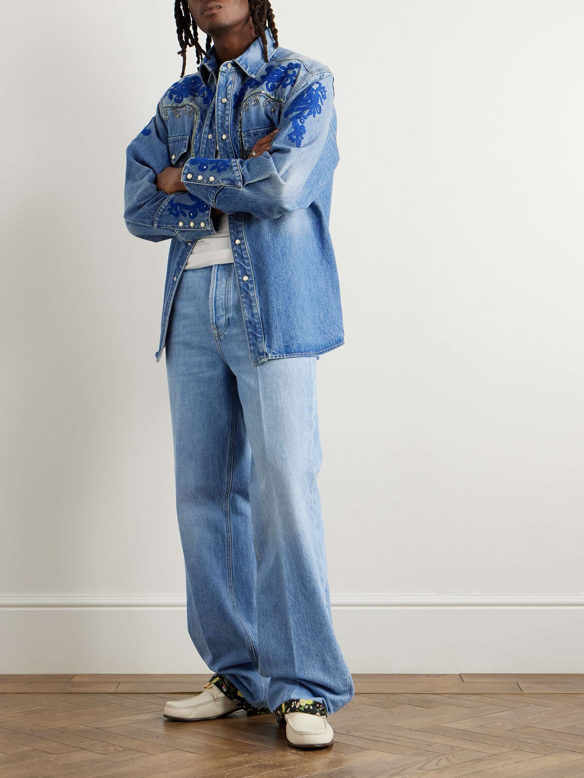 Straight-Leg Floral-Trimmed Jeans view