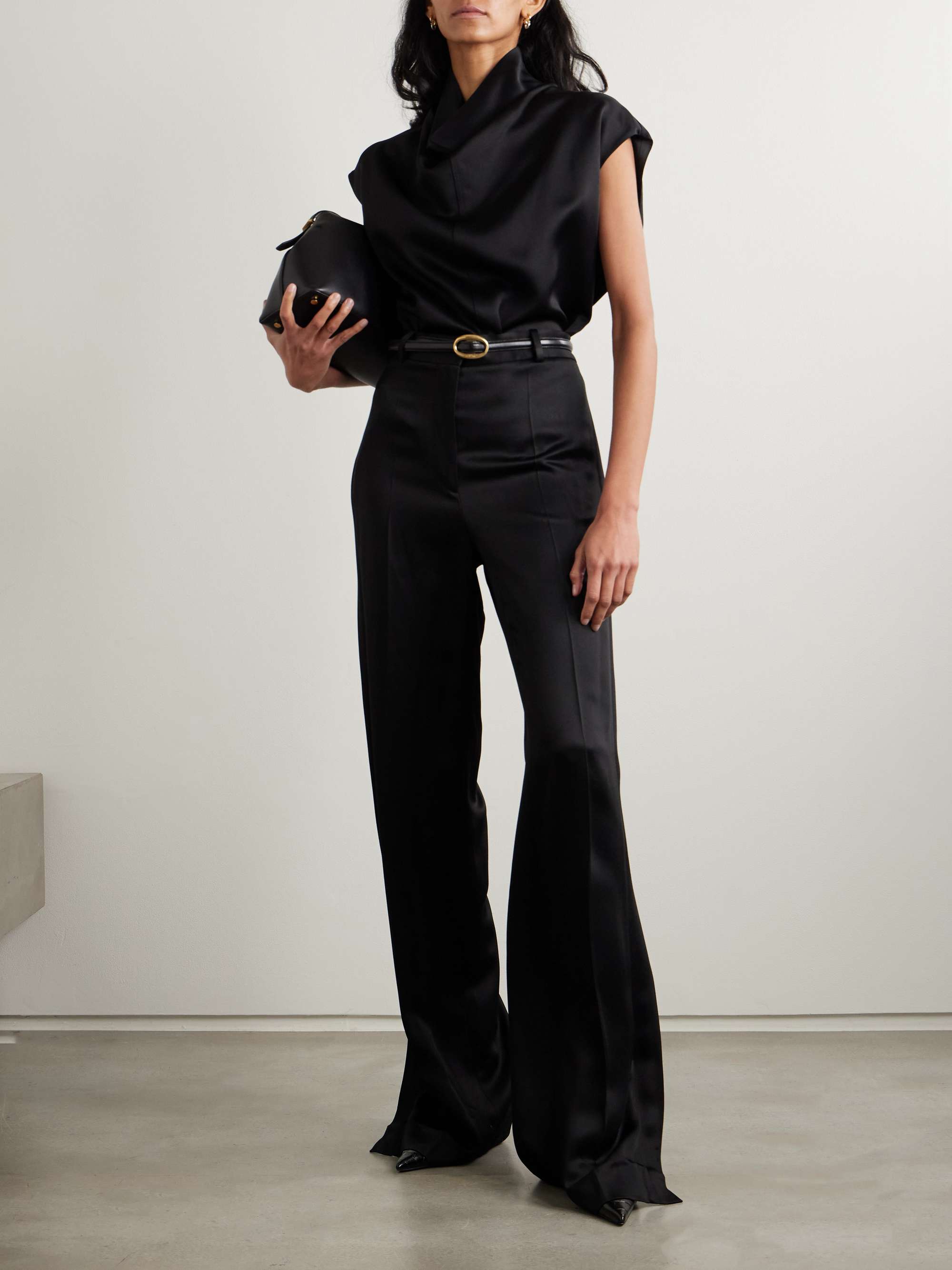 Pleated satin-trimmed crepe straight-leg pants view
