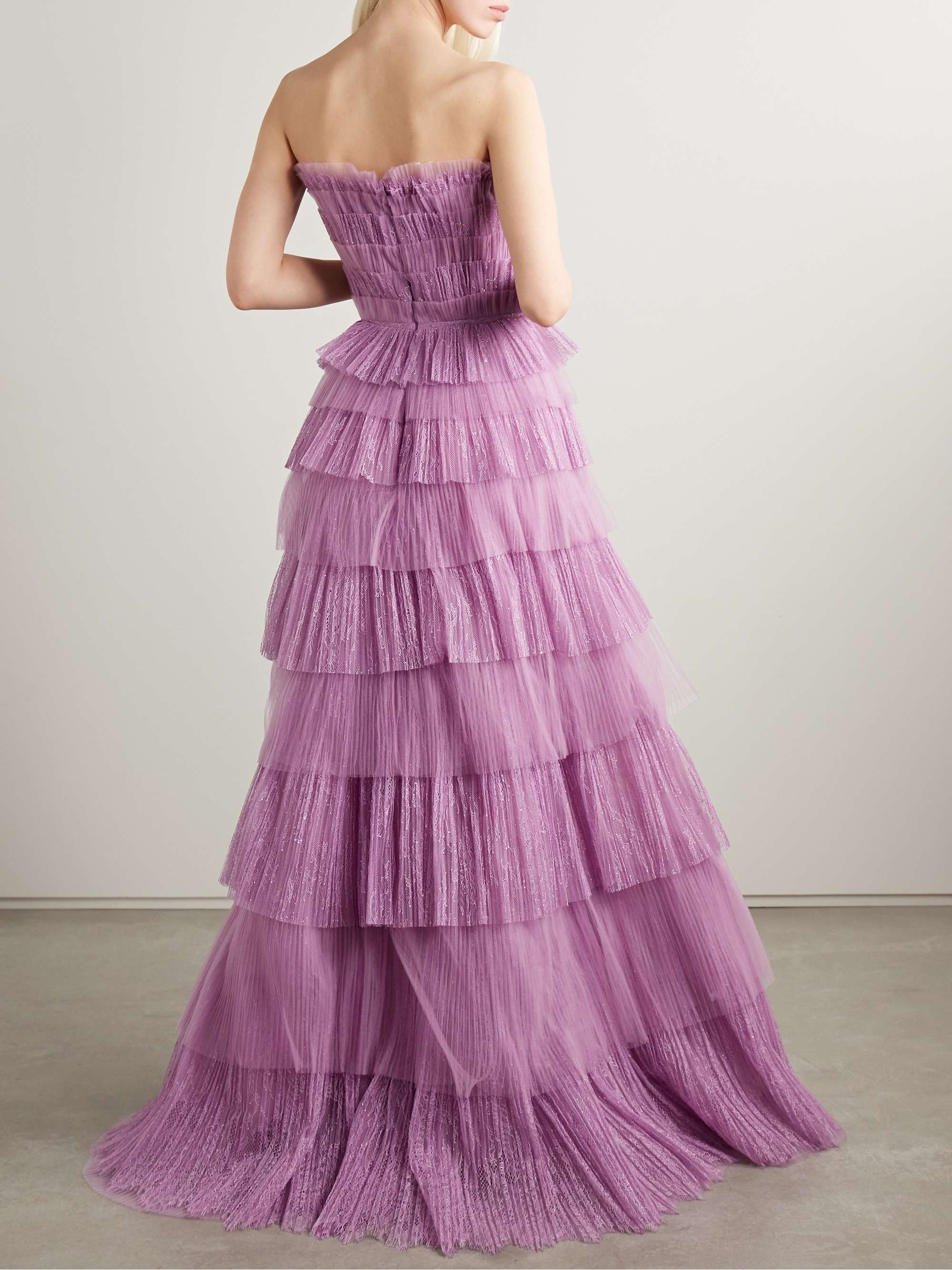 Trissa strapless tiered plissé-tulle and Chantilly lace gown view