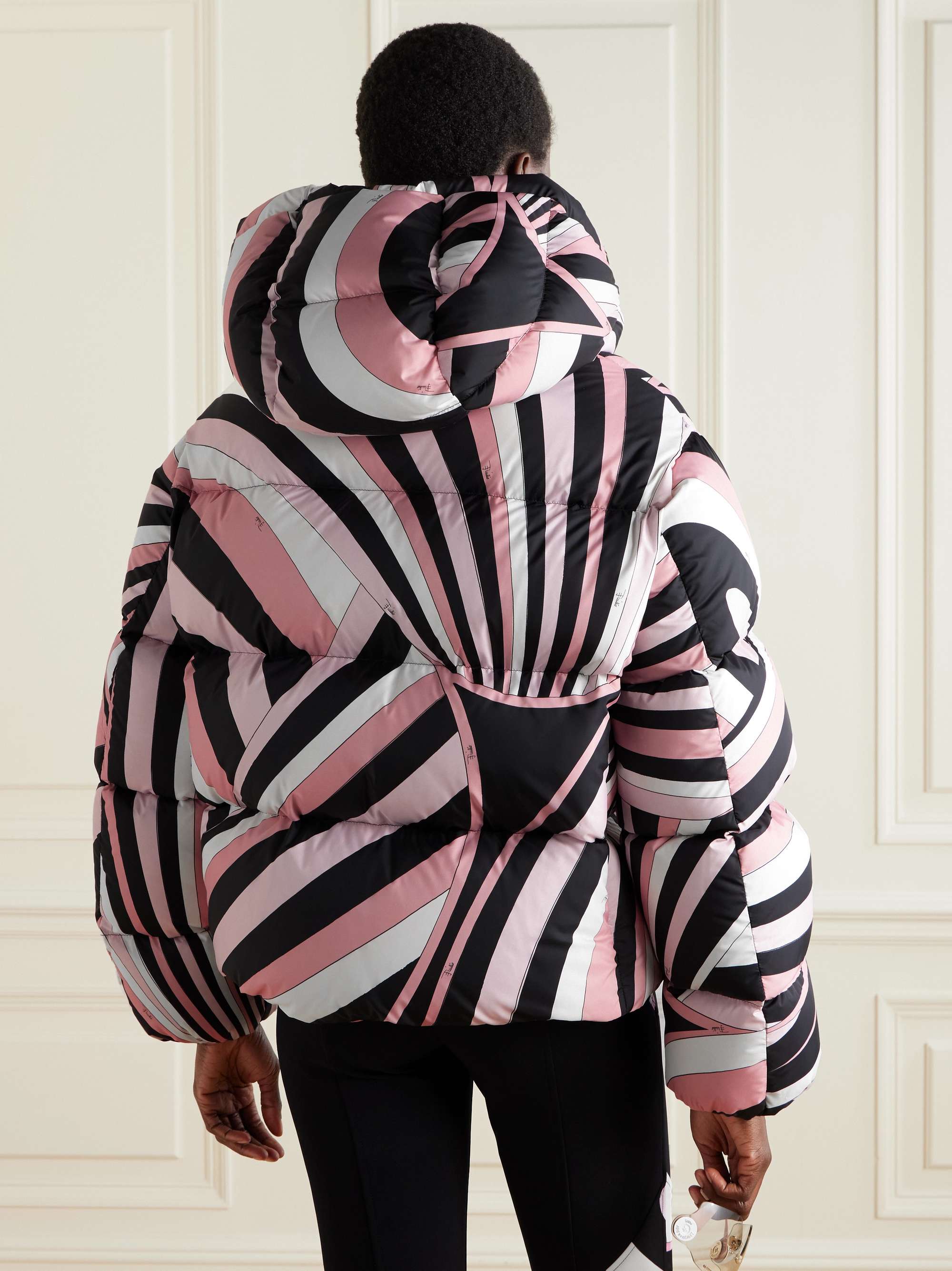 Printed quilted shell hooded down jacket view