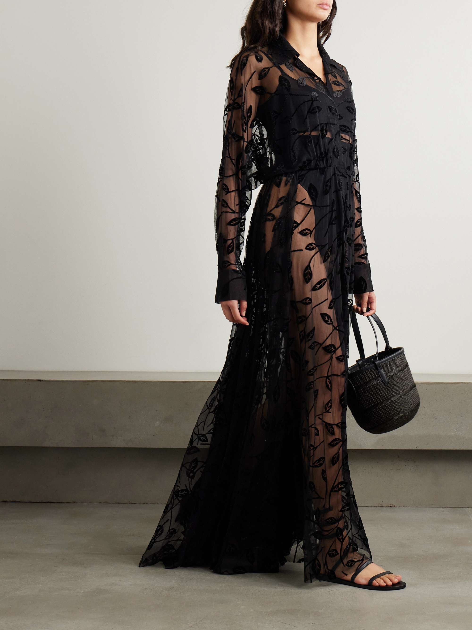 Appliquéd belted stretch-mesh gown view