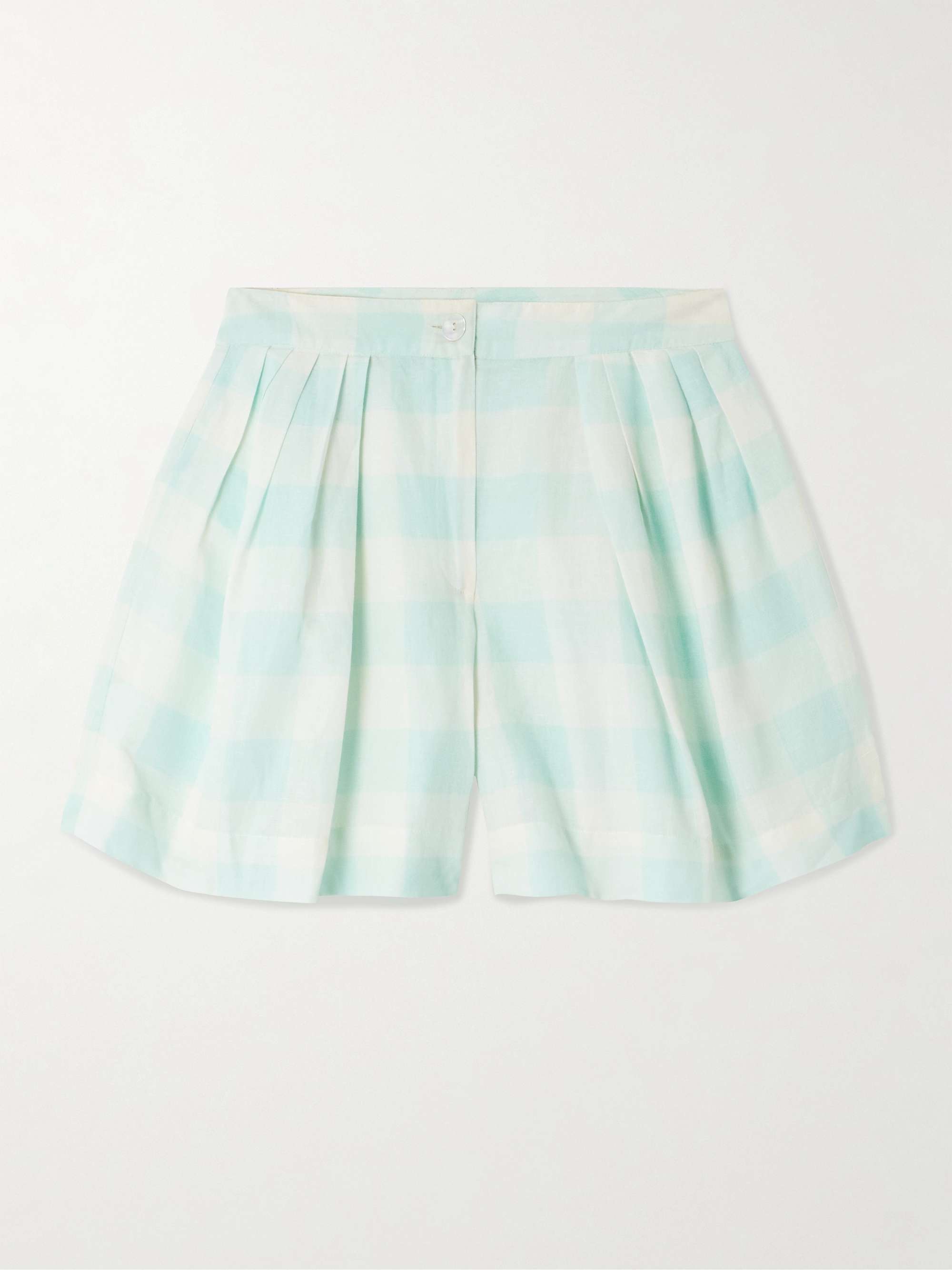 Kenya pleated checked linen and cotton-blend shorts view
