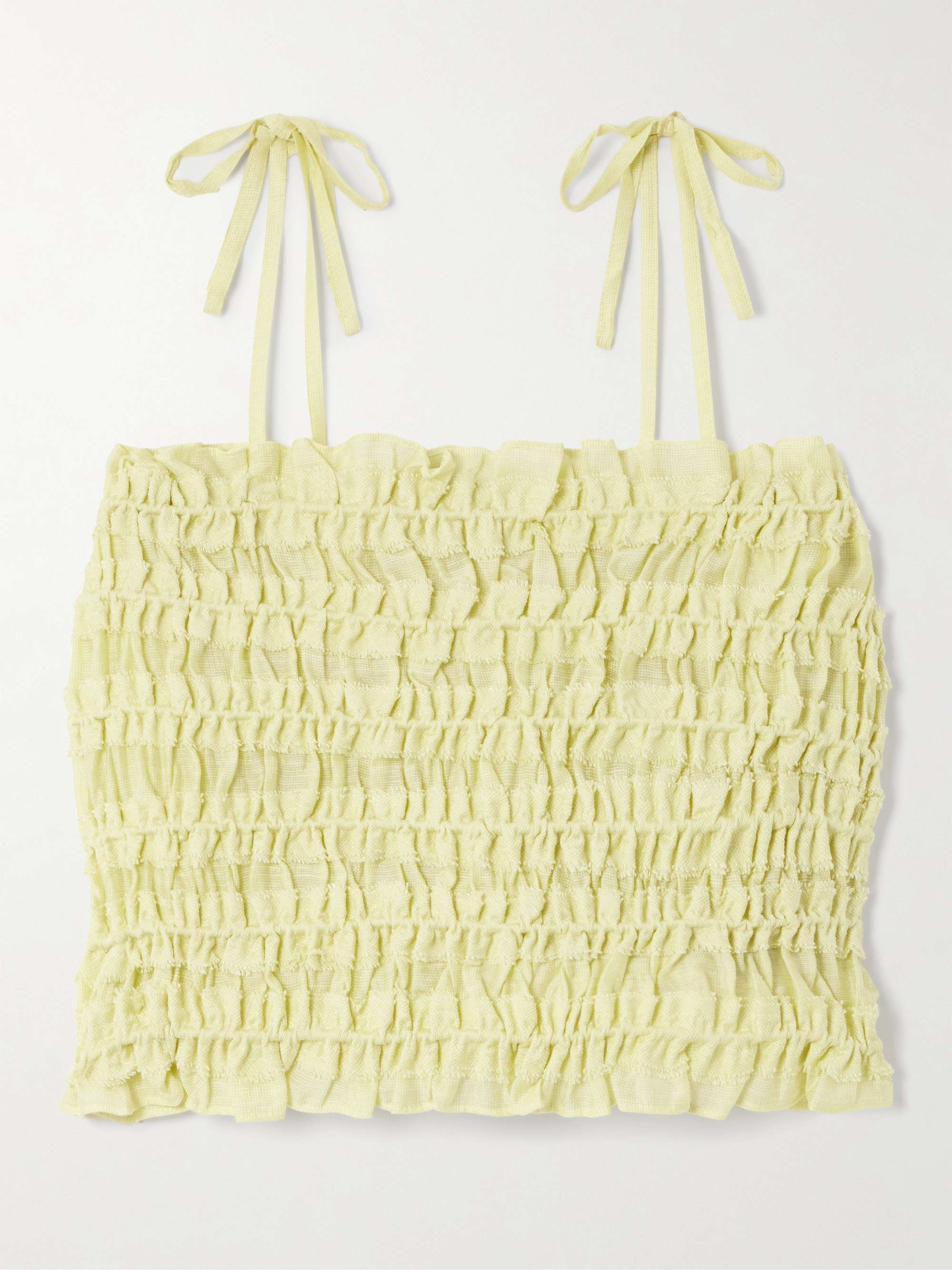 Cropped frayed shirred Lyocell-blend top view