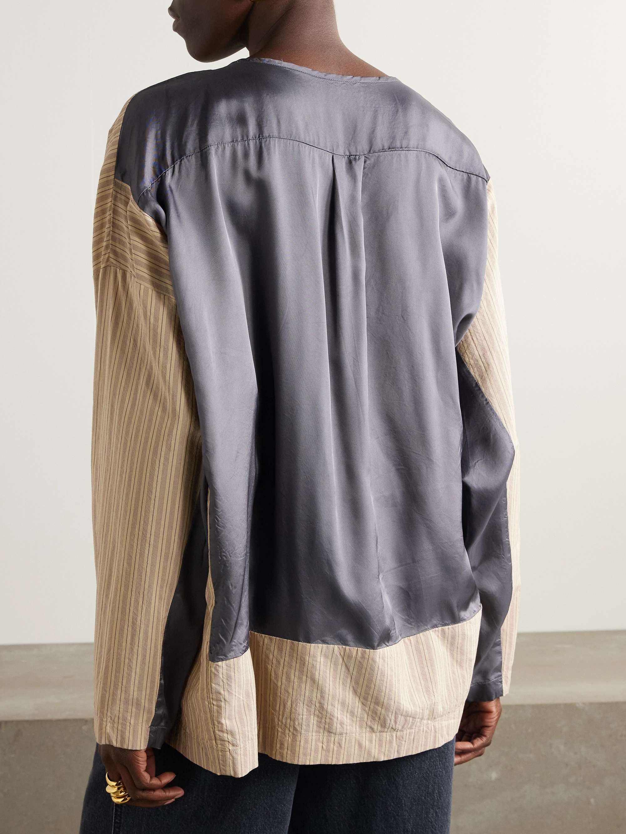 Paneled striped poplin and satin top view