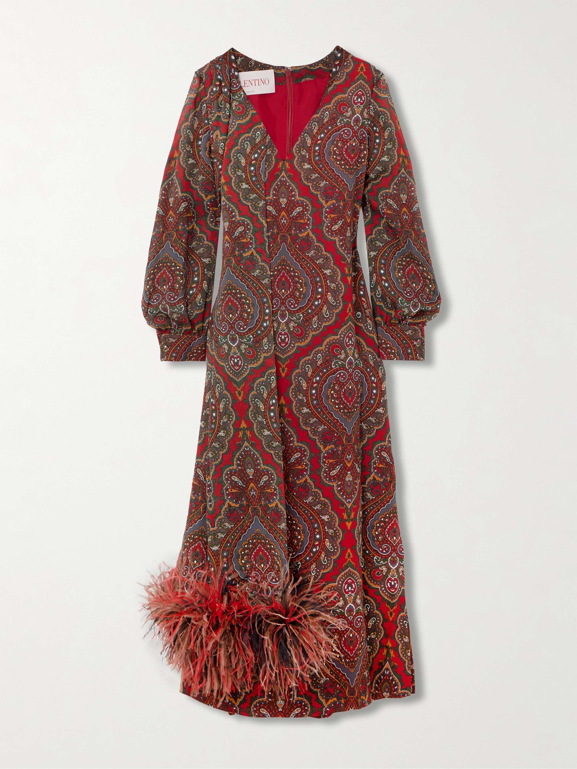 Feather-trimmed scarf-detailed paisley-print silk-crepe midi dress view