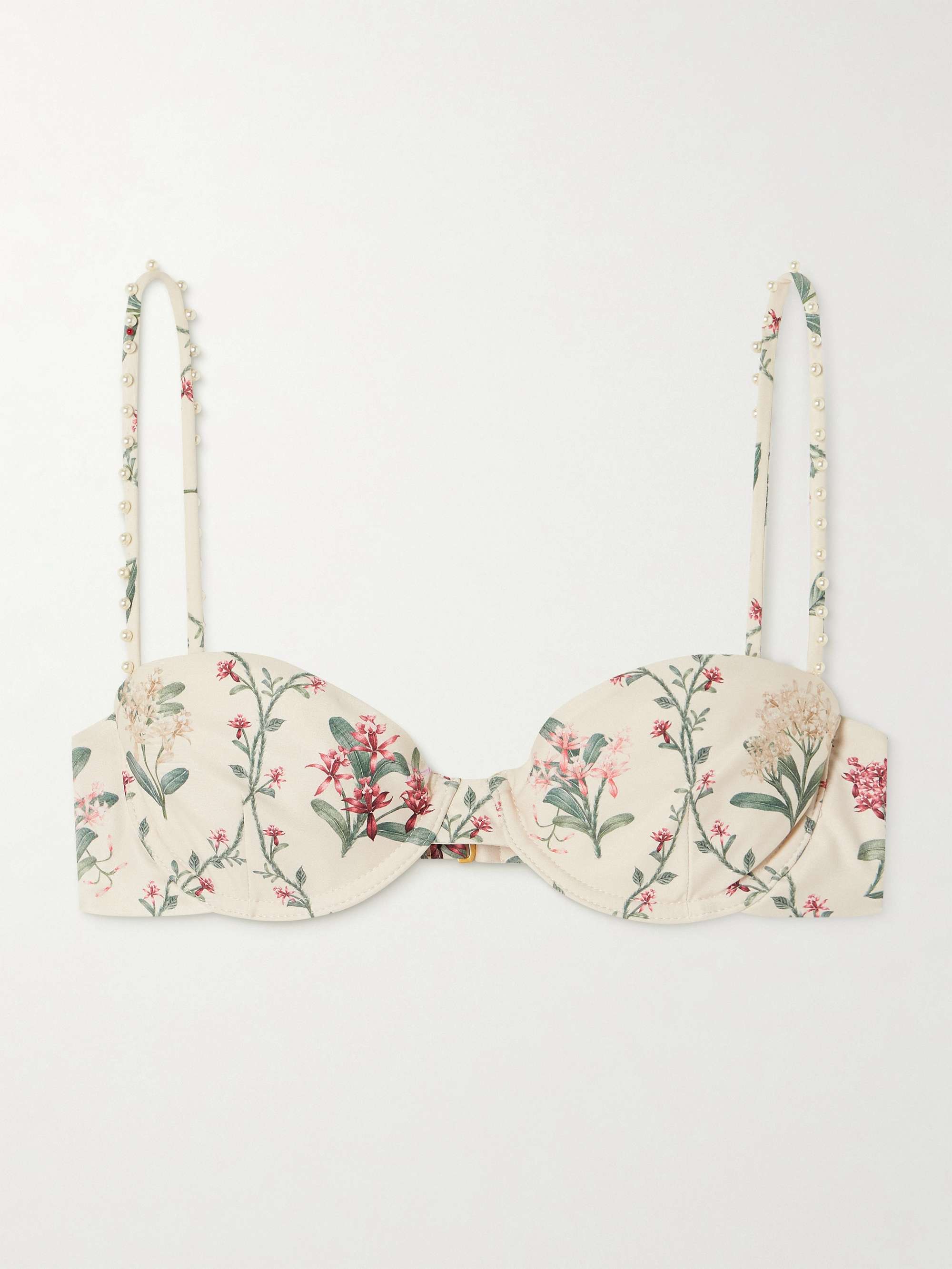 Magdalena Orquidea faux pearl-embellished floral-print recycled underwired bikini top view