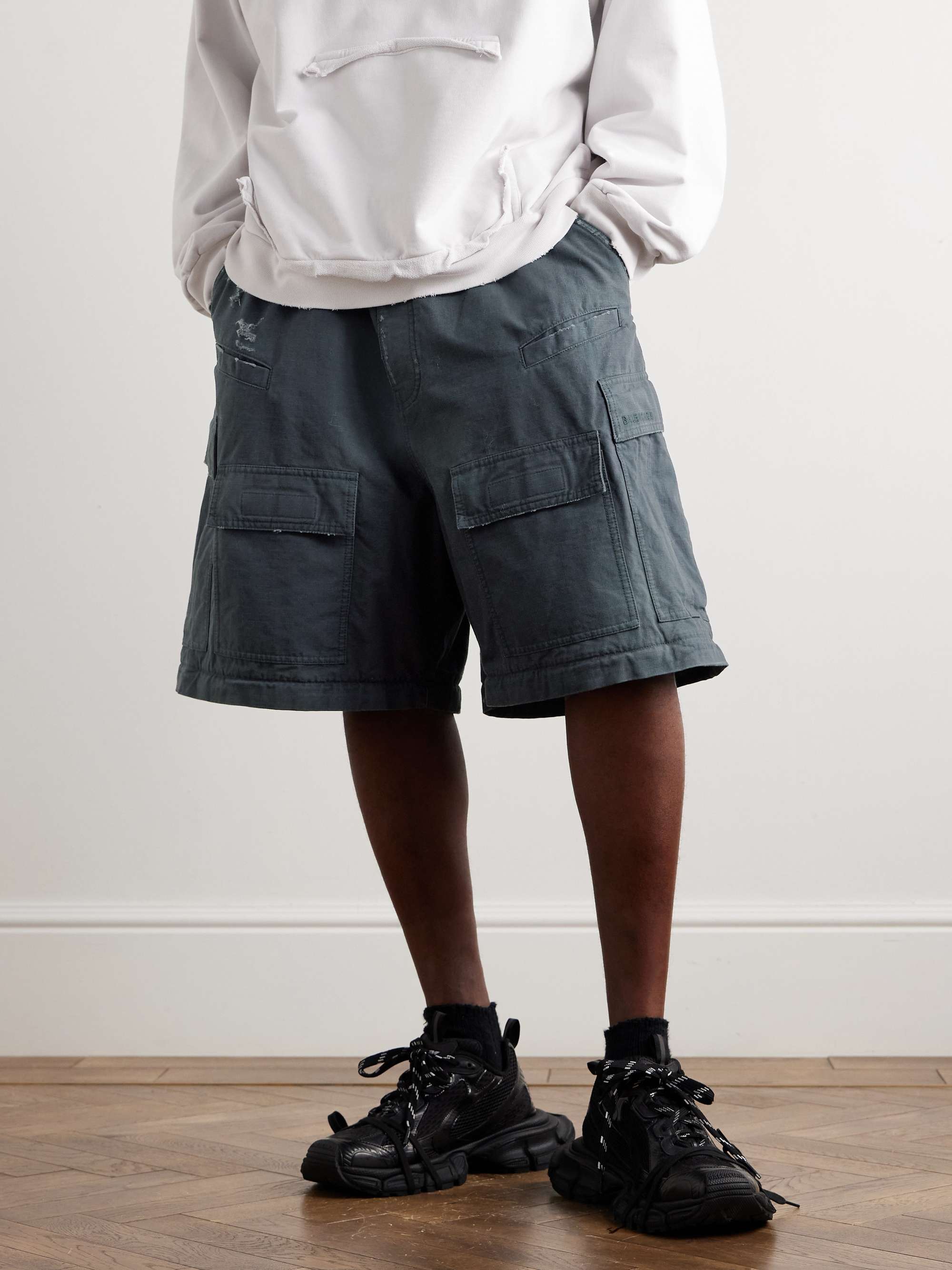 Wide-Leg Distressed Cotton-Ripstop Drawstring Cargo Trousers view
