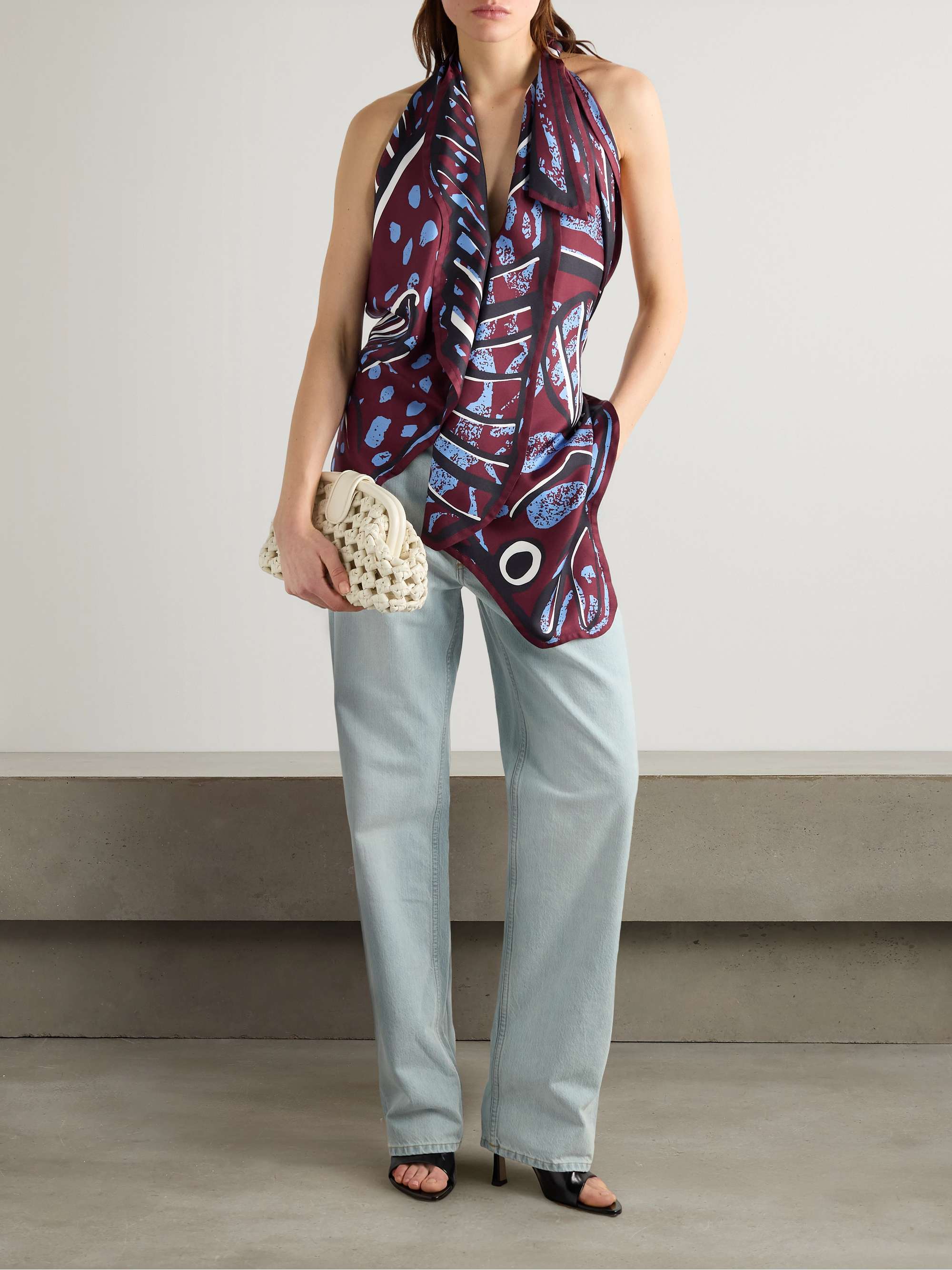 Open-back printed silk-twill halterneck top view