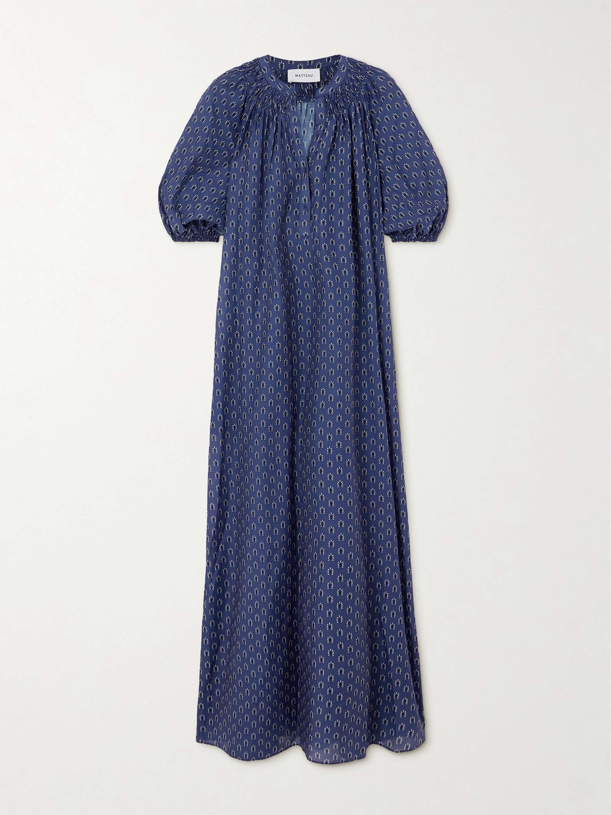 Gathered printed organic cotton and silk-blend maxi dress view