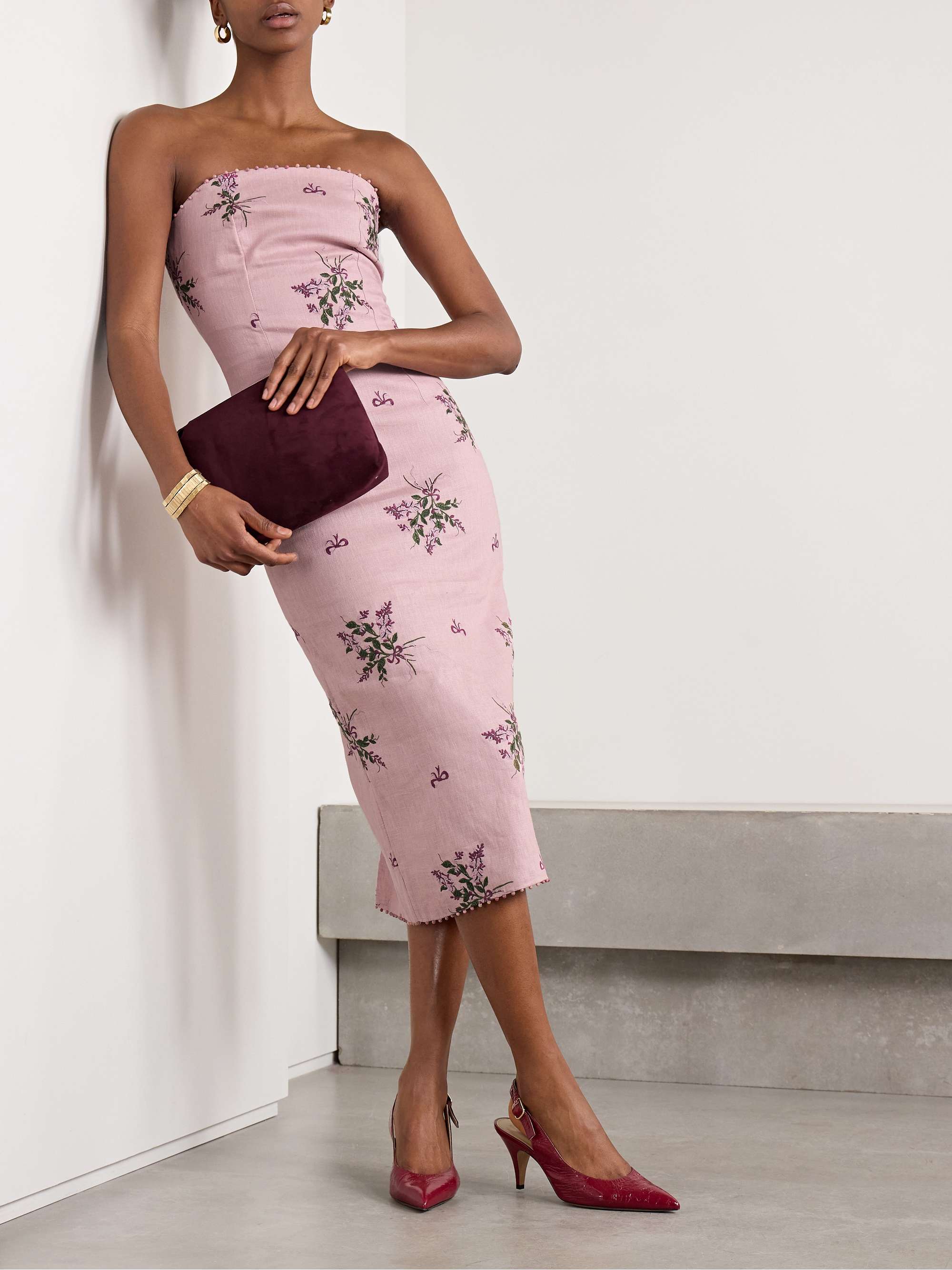 Armonía Wisteria strapless bead-embellished embroidered linen midi dress view