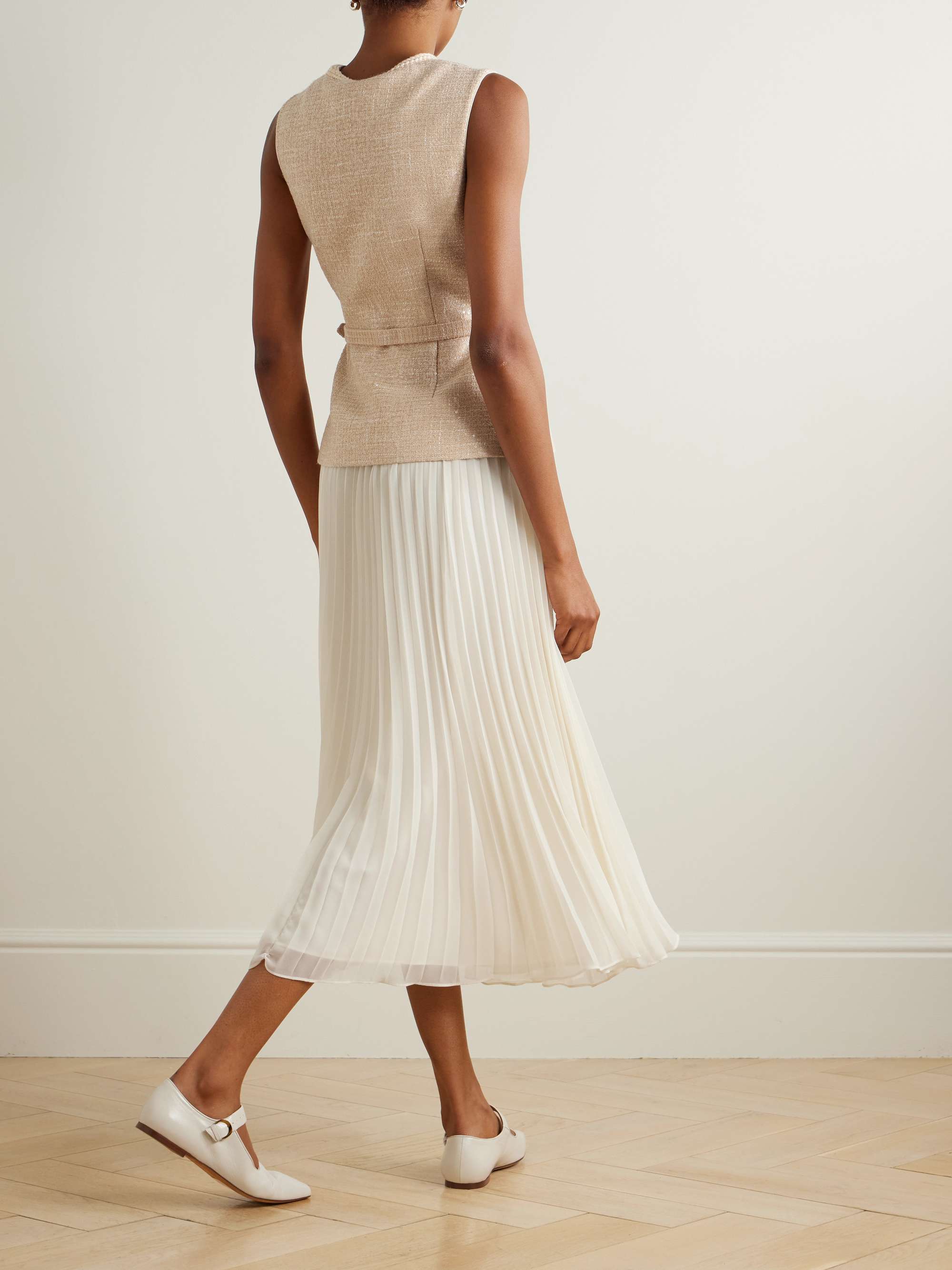 Belted layered crystal-embellished sequined bouclé and pleated chiffon midi dress view