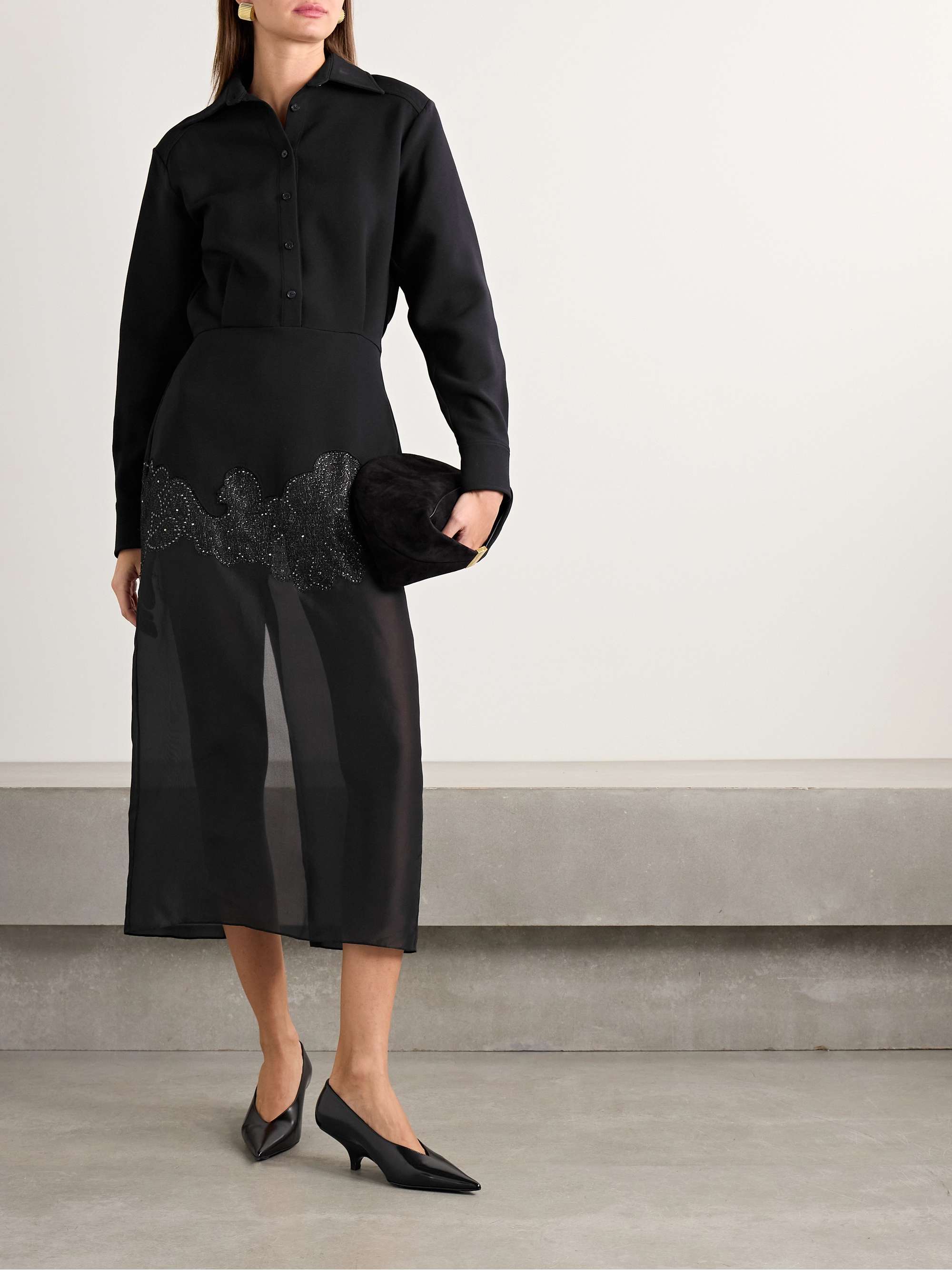 The Amelie crystal-embellished wool-blend crepe and silk-organza midi shirt dress view