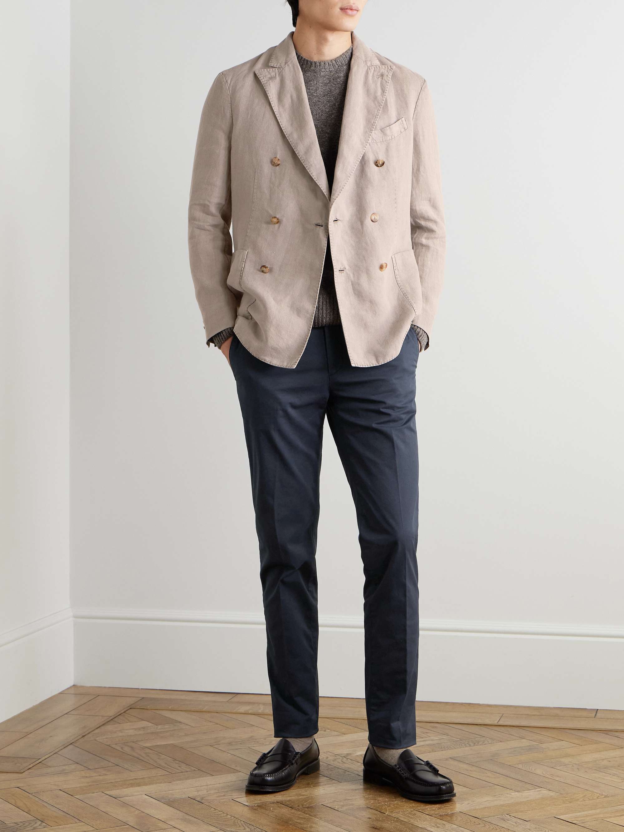 Unstructured Garment-Dyed Linen Double-Breasted Suit Jacket view