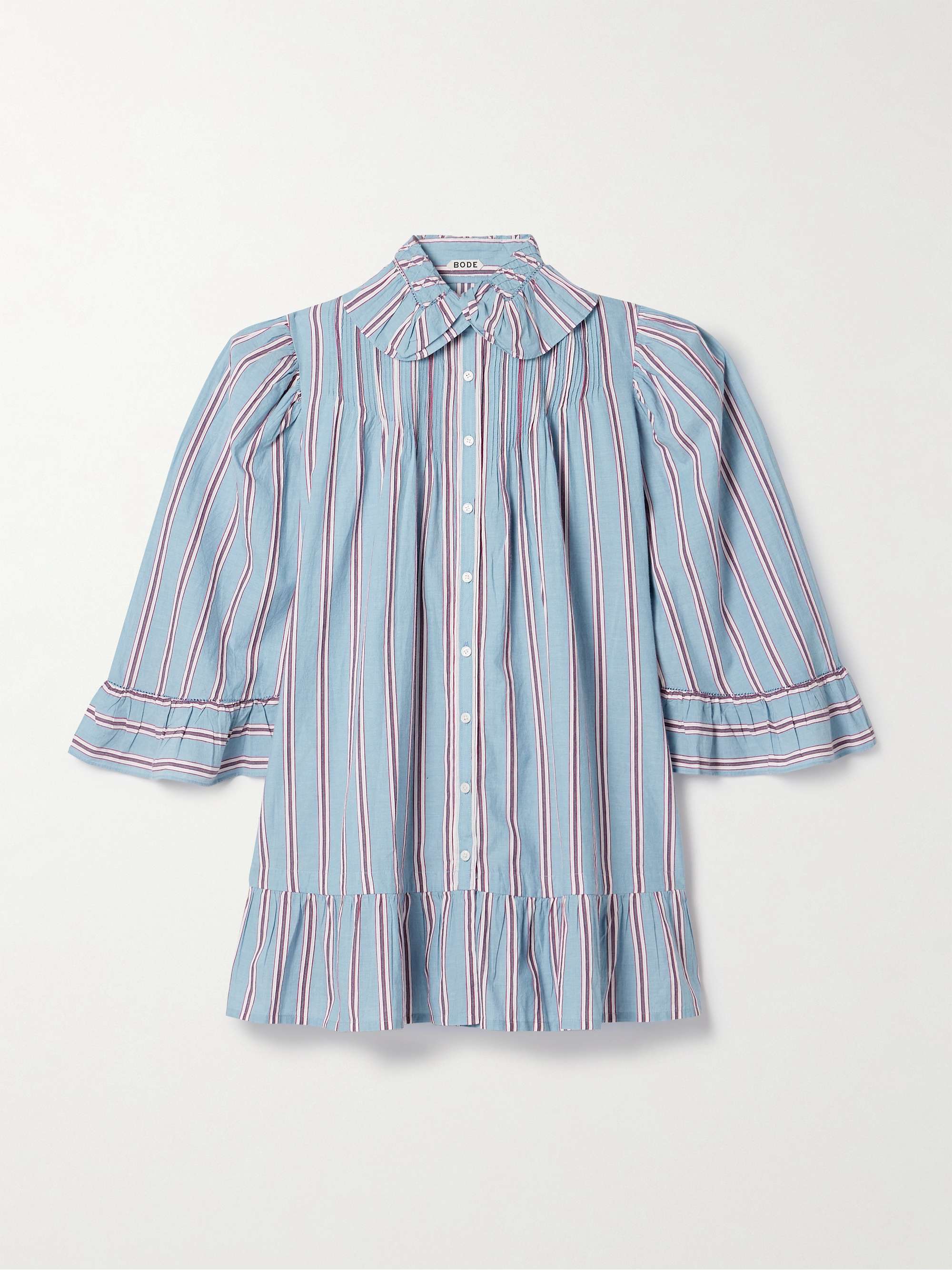 Ruffled embroidered striped cotton-voile mini shirt dress view