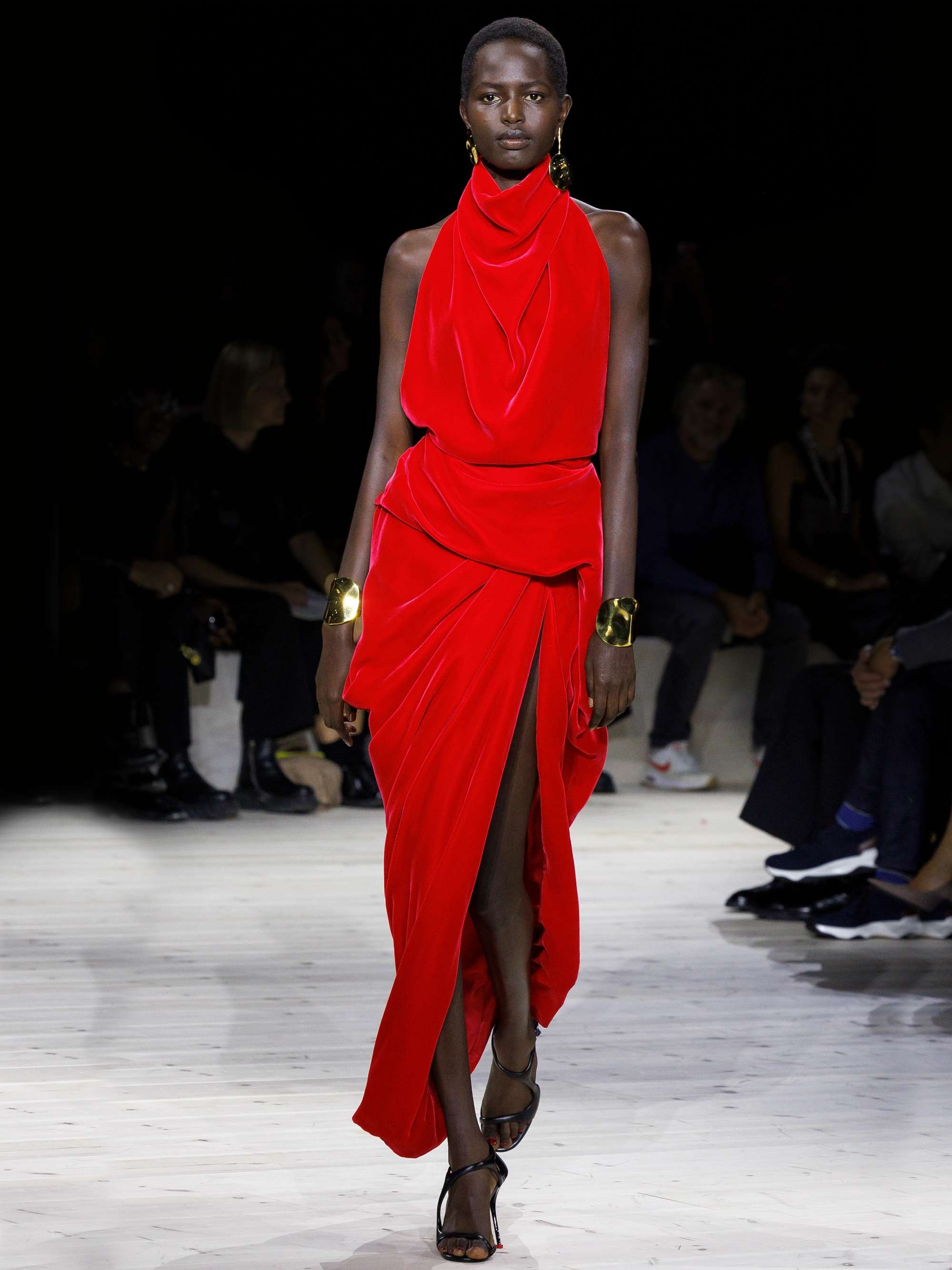 Open-back draped velvet halterneck maxi dress view