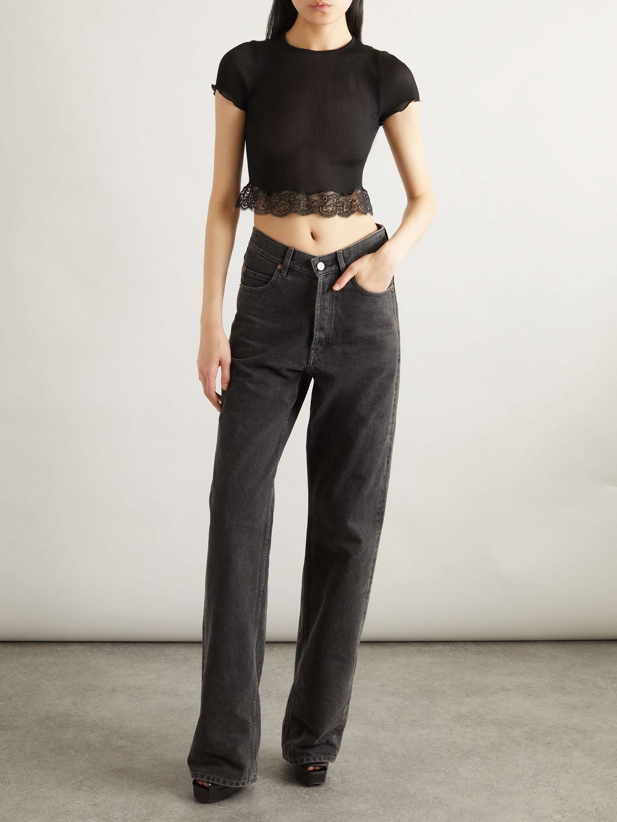 Cropped lace-trimmed ribbed silk top view